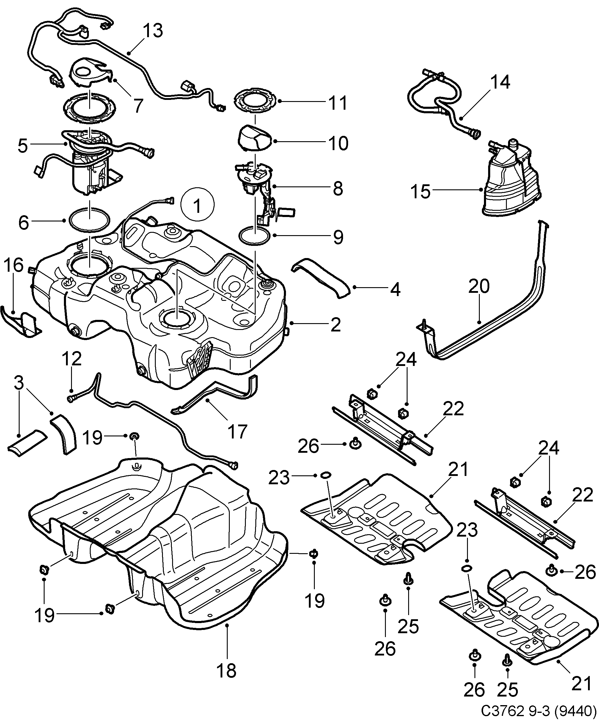 Schéma technique Saab 9-3 (9440) 2012 - Section 3130 : Système de carburant