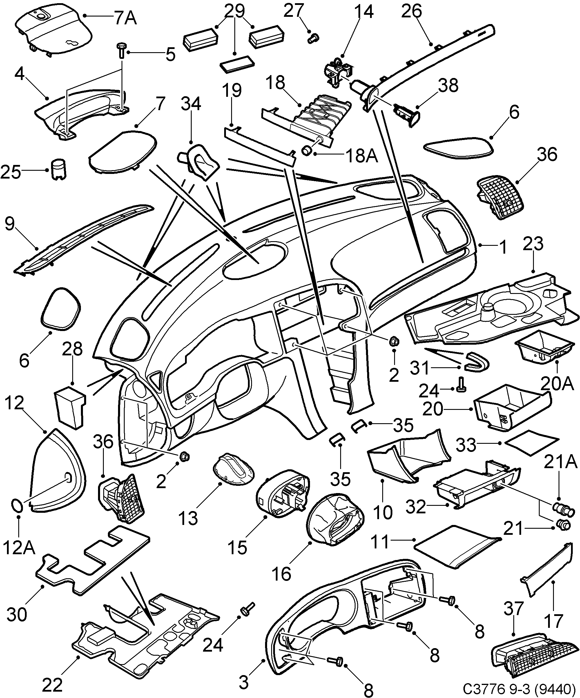 Schéma technique Saab 9-3 (9440) 2012 - Section 100 : Приборная панель