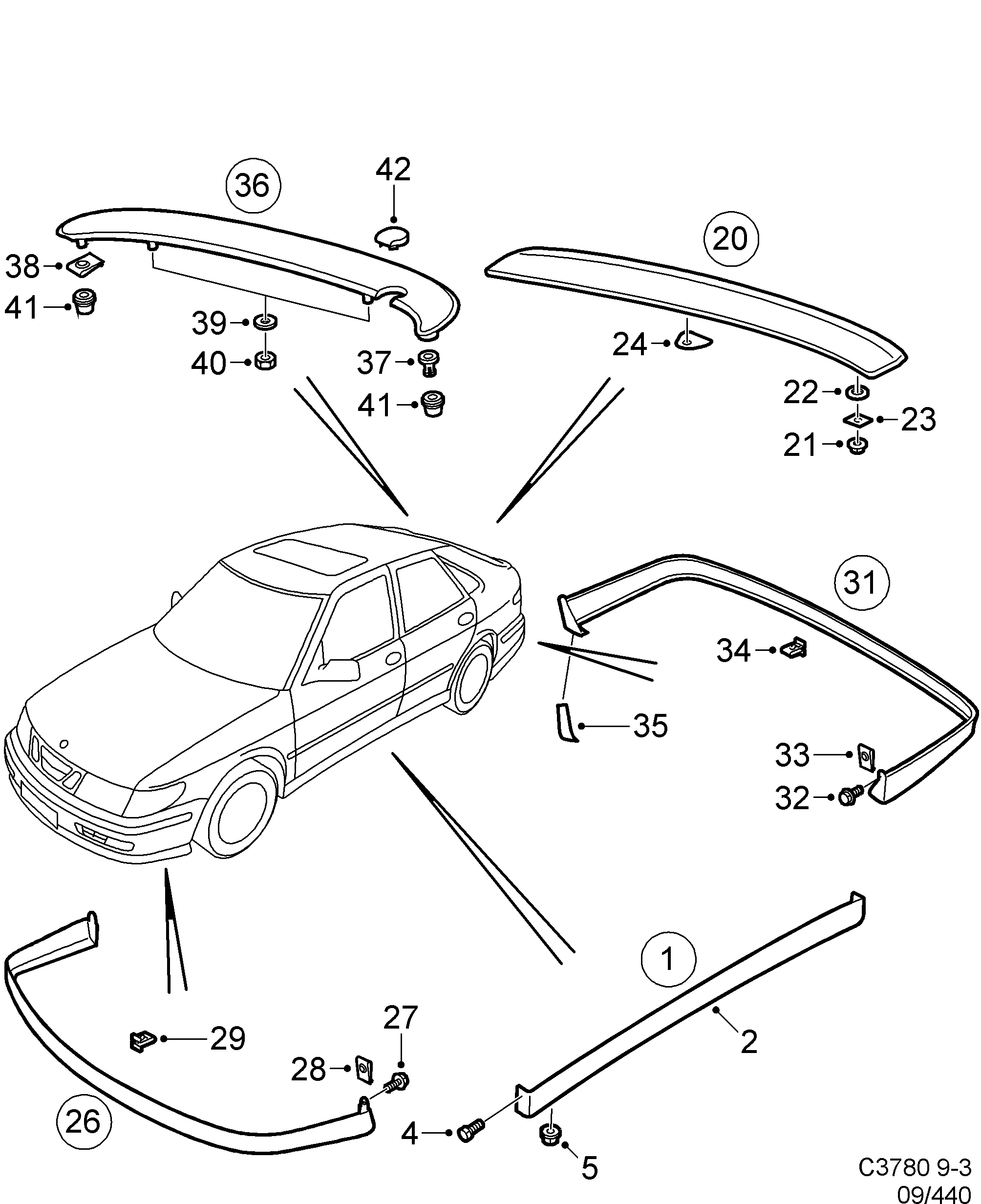 Schéma technique Saab 9-3 (9400) 1998 - Section 440 : Accessoire carrosserie