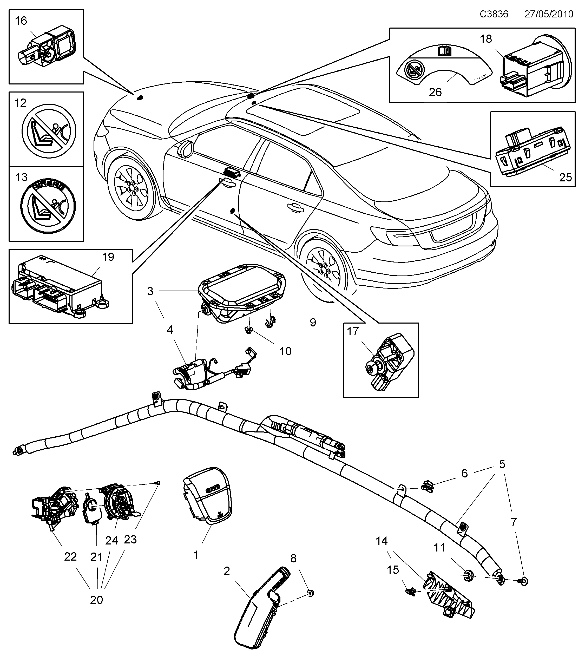 Schéma technique Saab 9-5 (650) 2011 - Section 100 : Coussin gonflable