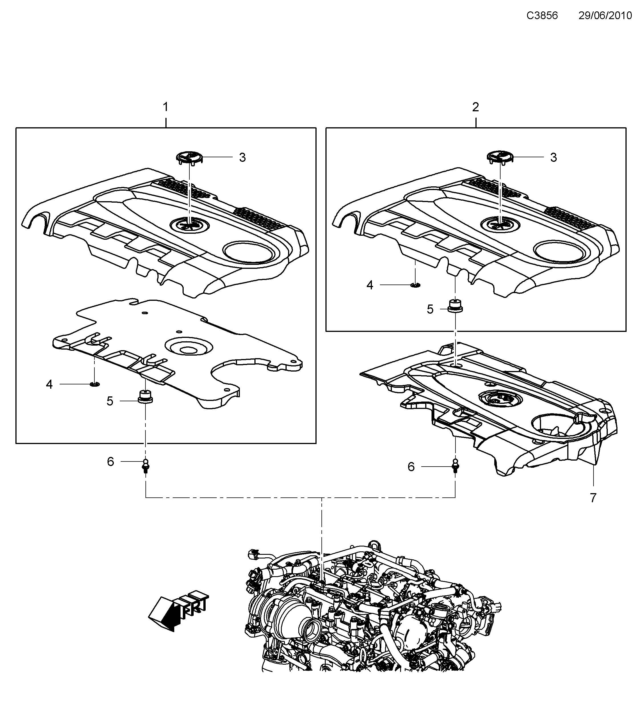 Schéma technique Saab 9-5 (650) 2011 - Section 1025 : Engine bay cover