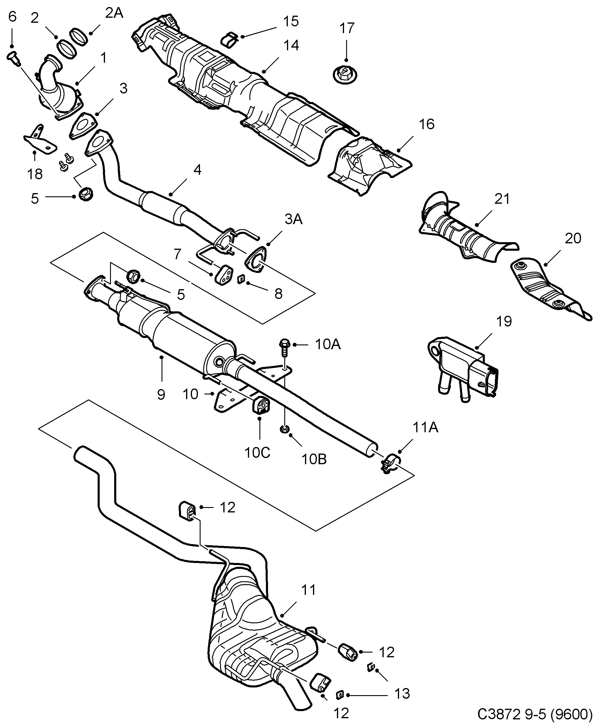Schéma technique Saab 9-5 (9600) 2010 - Section 905 : Système d'admission et d'échappement