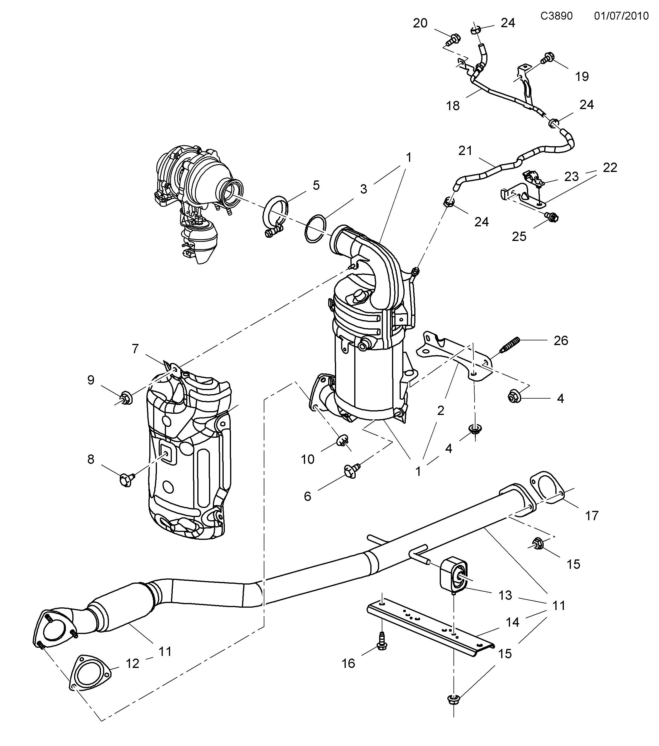 Schéma technique Saab 9-5 (650) 2012 - Section 4625 : Système d'admission et d'échappement