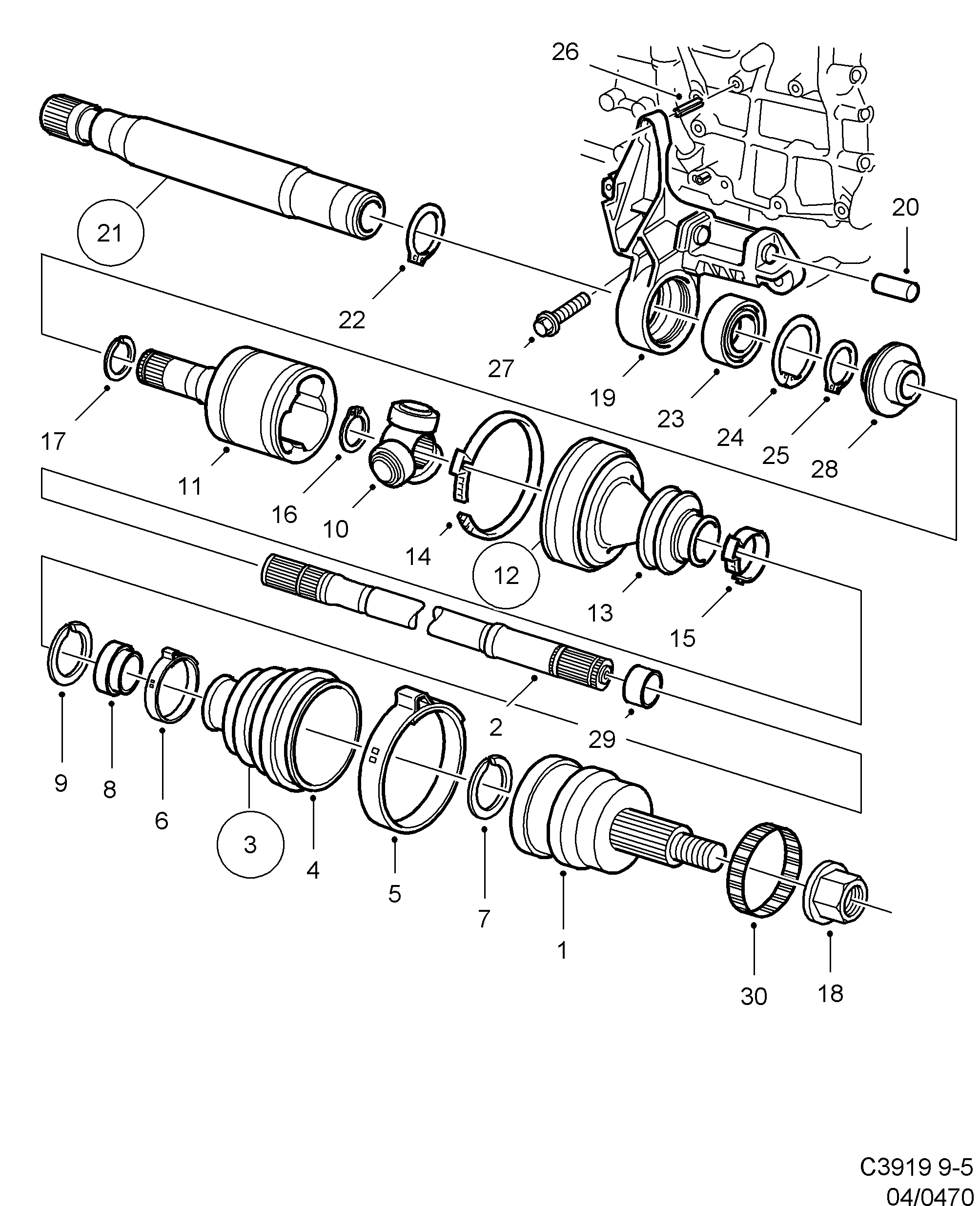 Schéma technique Saab 9-5 (9600) 2000 - Section 460 : Drive shaft