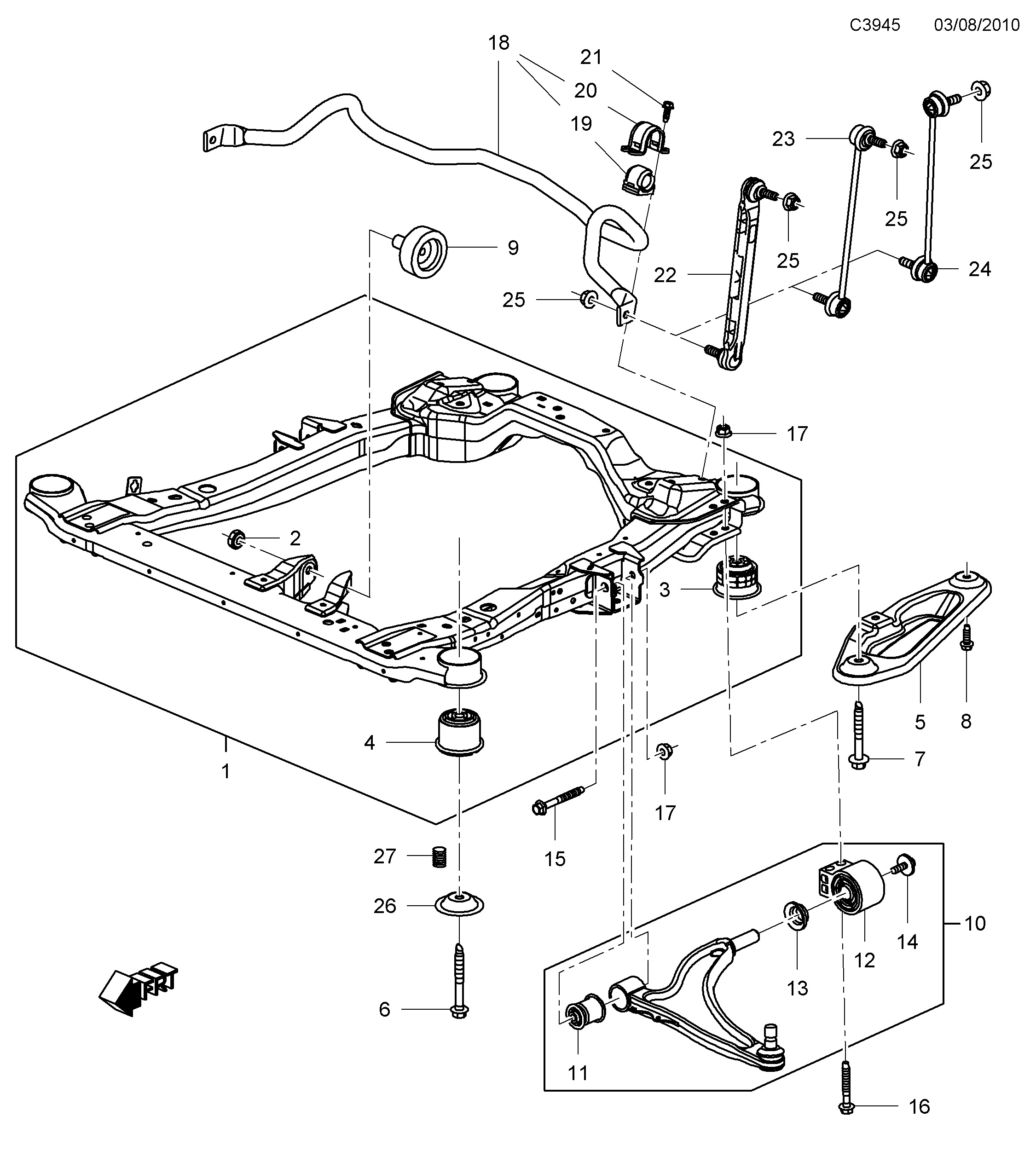Schéma technique Saab 9-5 (650) 2010 - Section 1500 : Suspension avant