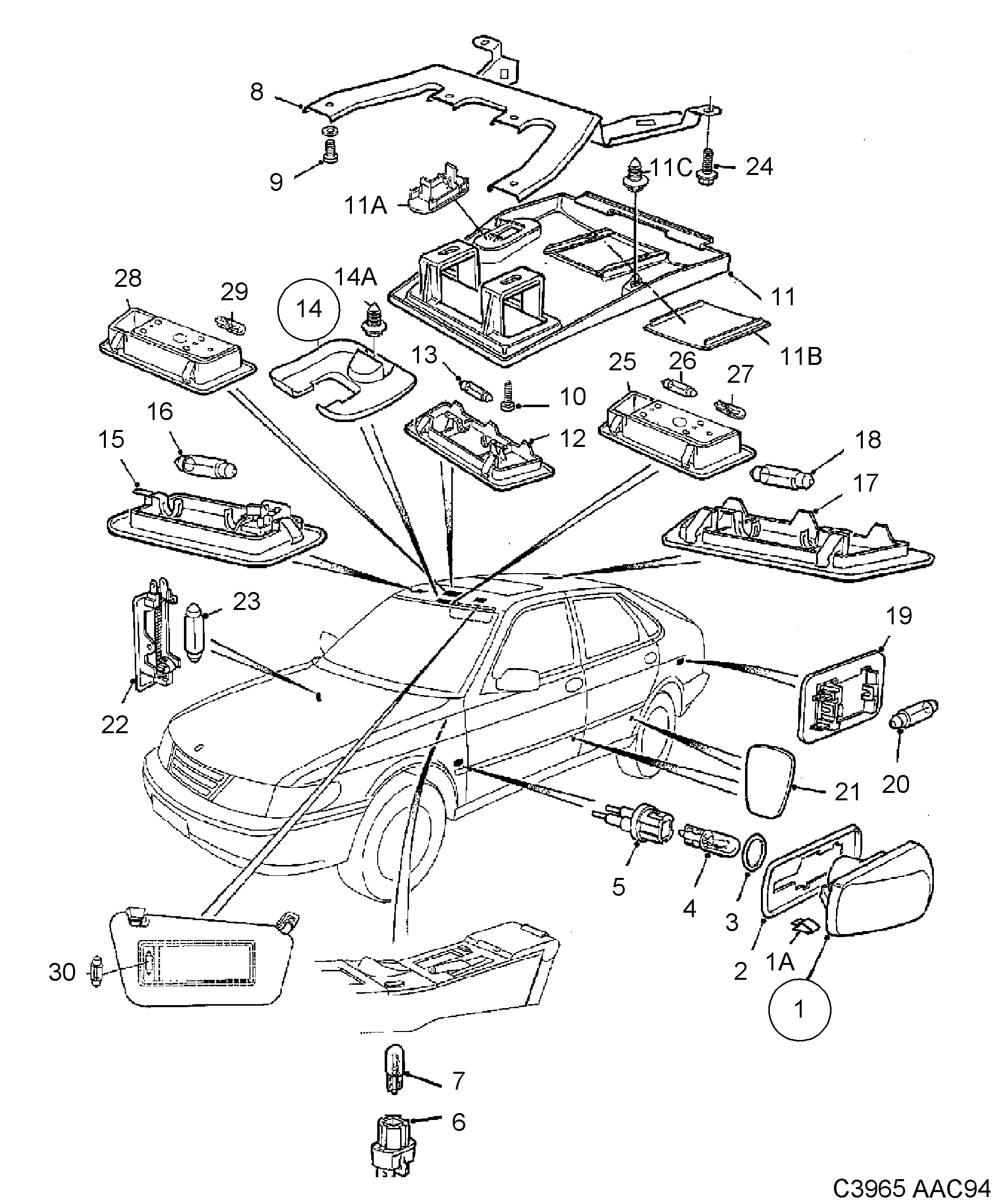 Schéma technique Saab 900 1997 - Section 630 : Eclairage