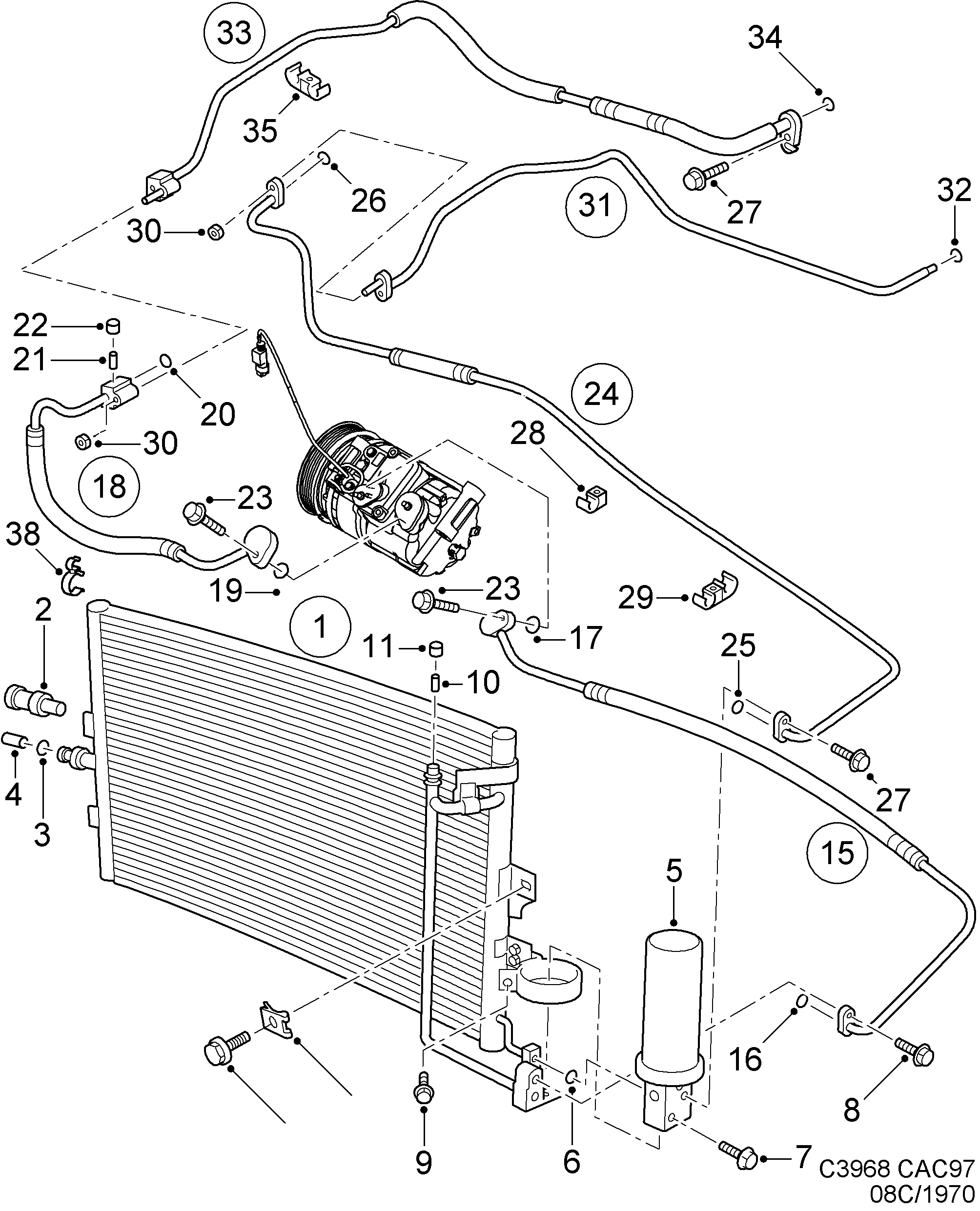 Schéma technique Saab 9-5 (9600) 2001 - Section 280 : Chauffage et ventilation
