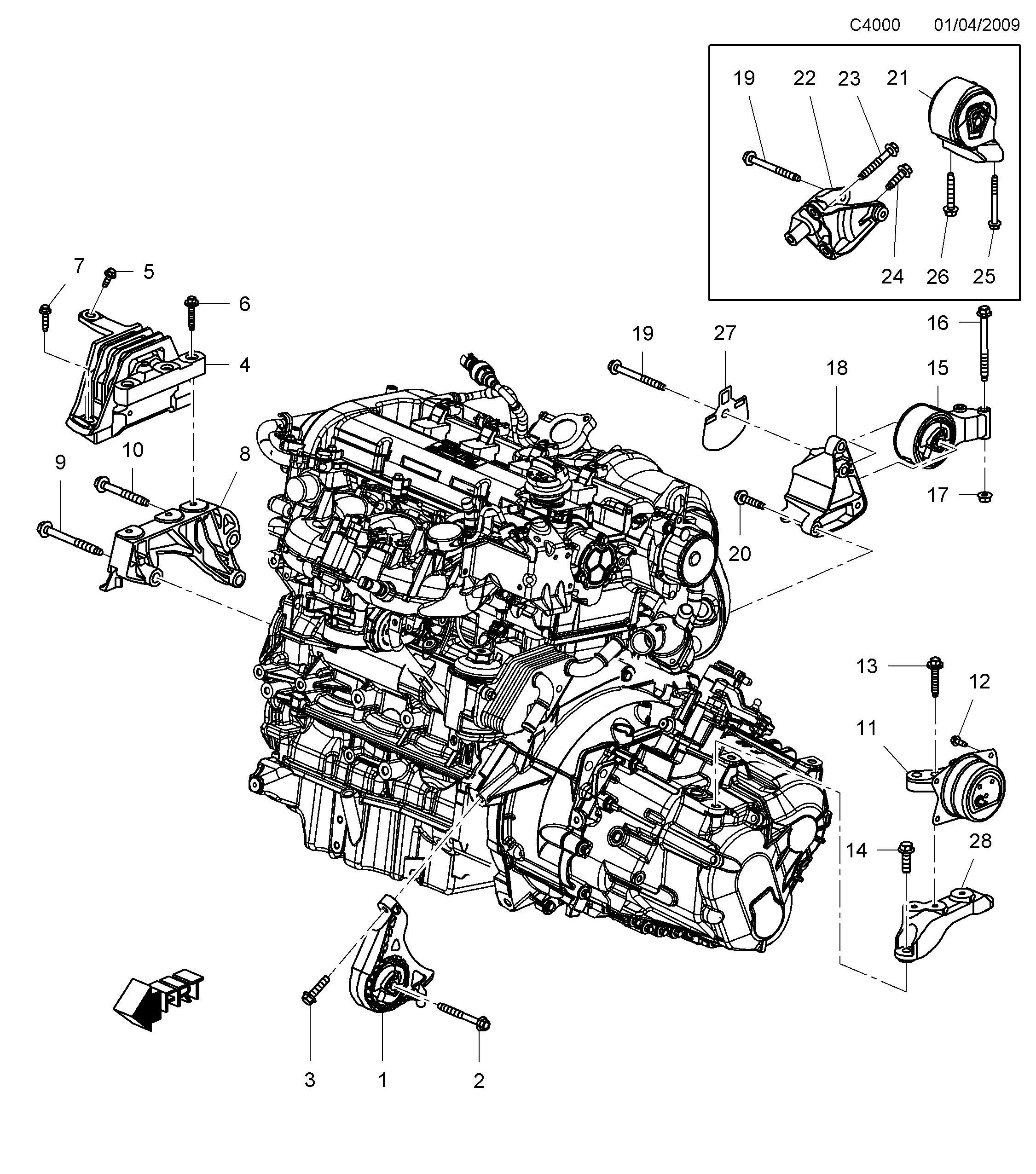 Schéma technique Saab 9-5 (650) 2012 - Section 120 : Корпус двигателя
