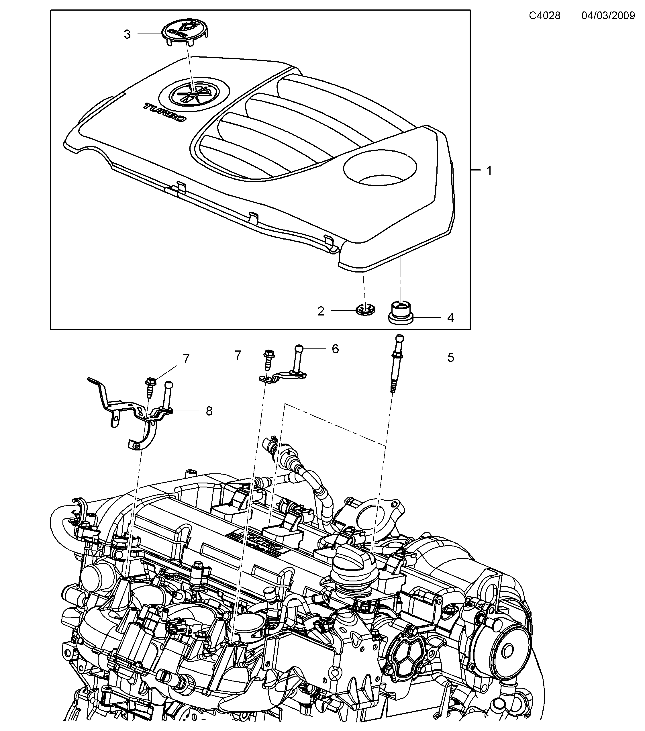 Schéma technique Saab 9-5 (650) 2010 - Section 1000 : Engine bay cover