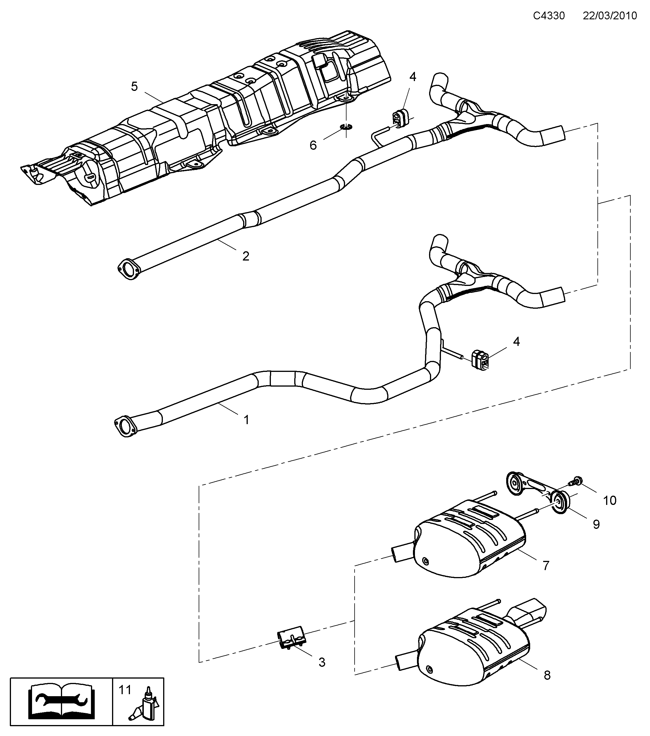 Schéma technique Saab 9-5 (650) 2010 - Section 4650 : Intake and exhaust system
