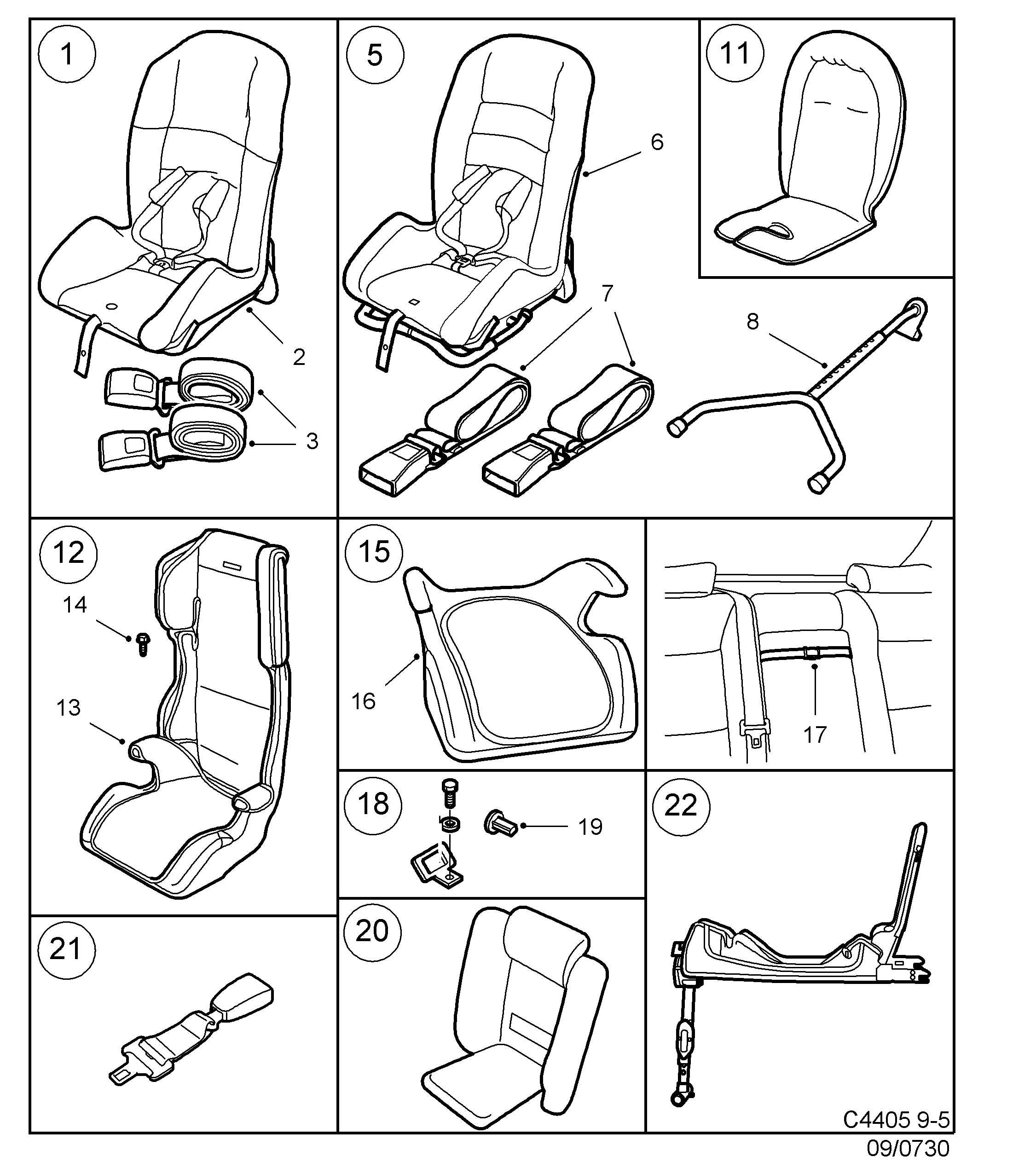 Schéma technique Saab 9-5 (9600) 1998 - Section 730 : Accessoire carrosserie