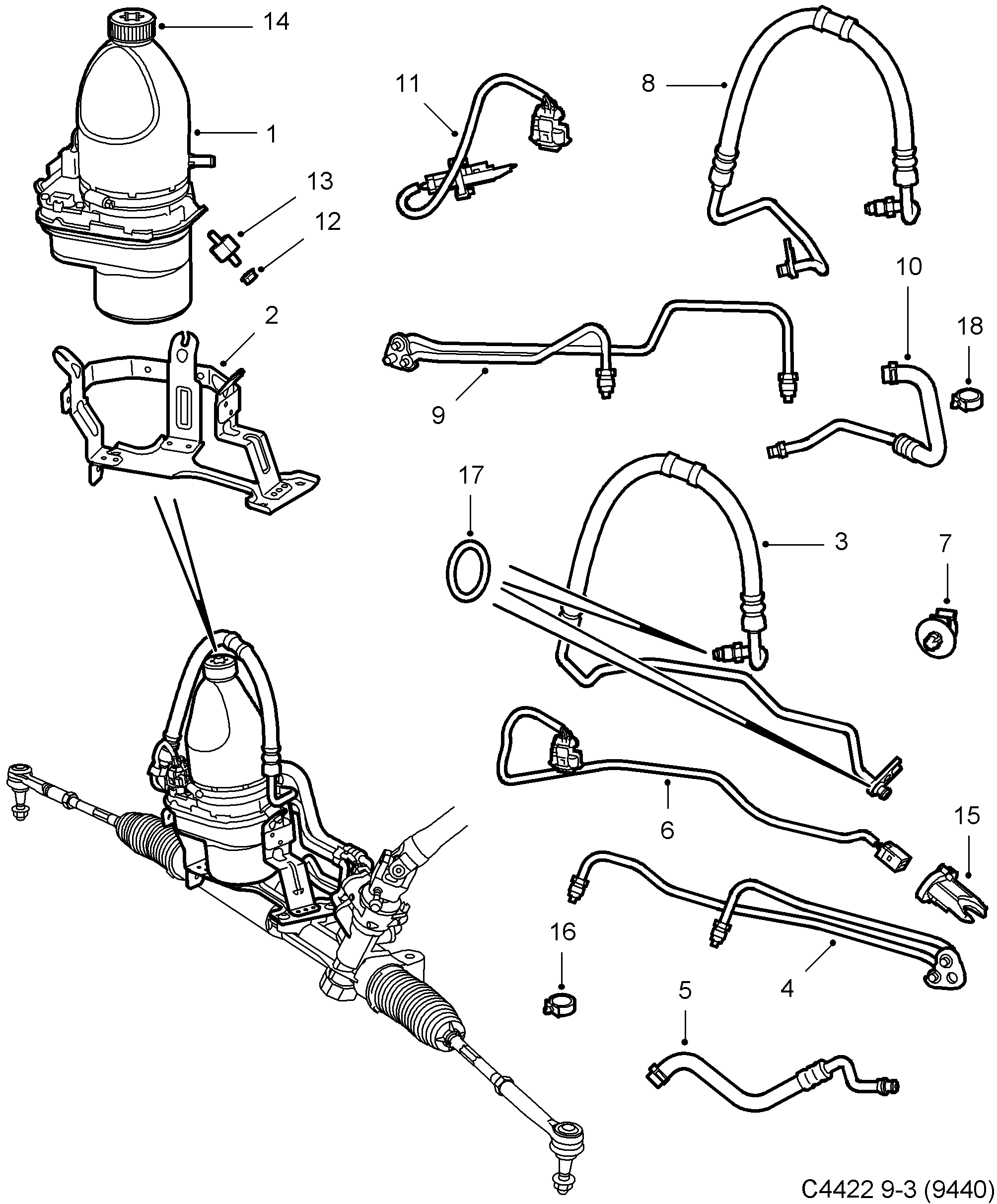 Schéma technique Saab 9-3 (9440) 2007 - Section 1500 : Direction