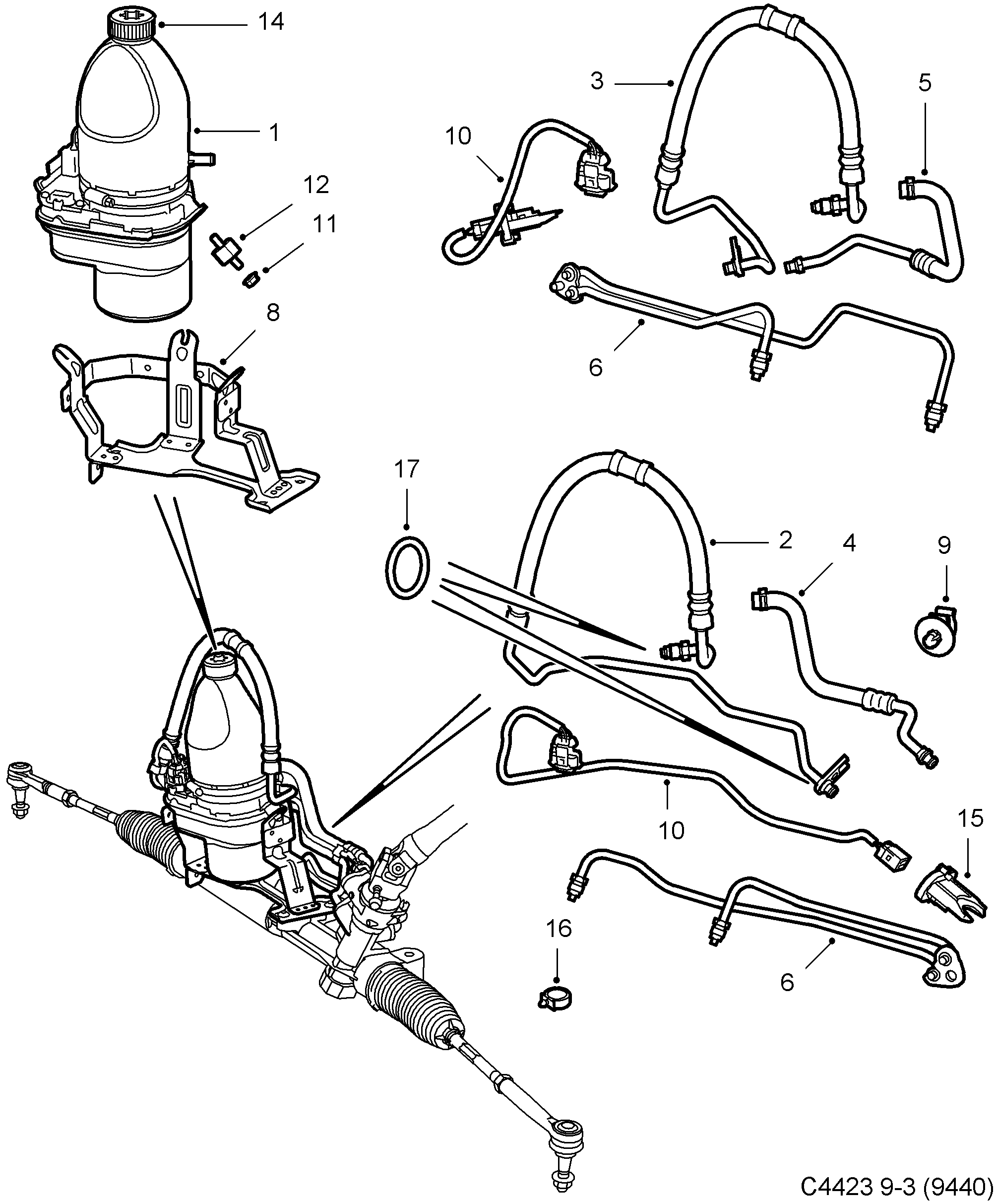 Schéma technique Saab 9-3 (9440) 2005 - Section 1400 : Direction