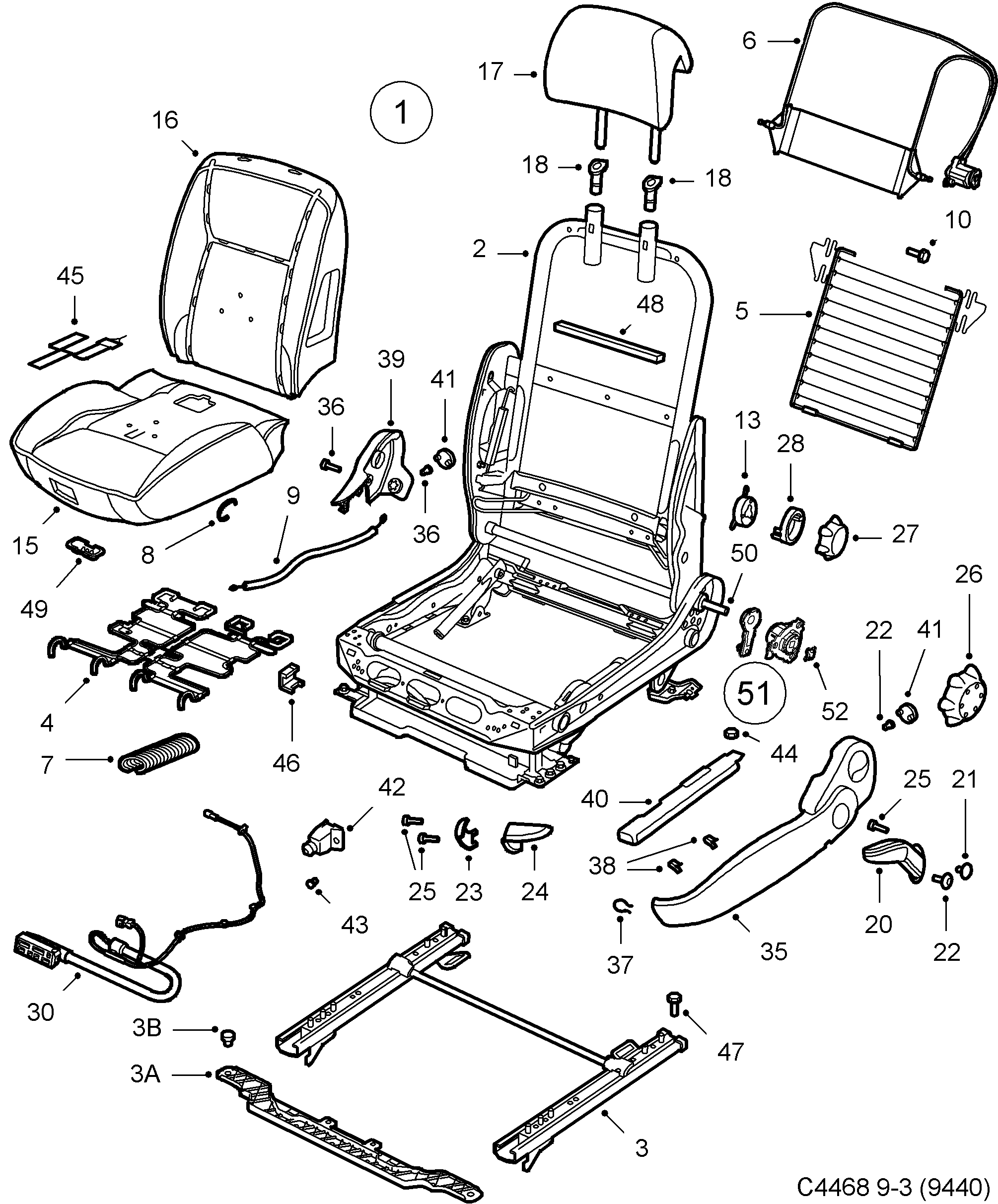Schéma technique Saab 9-3 (9440) 2005 - Section 3000 : Autre équipement intérieur