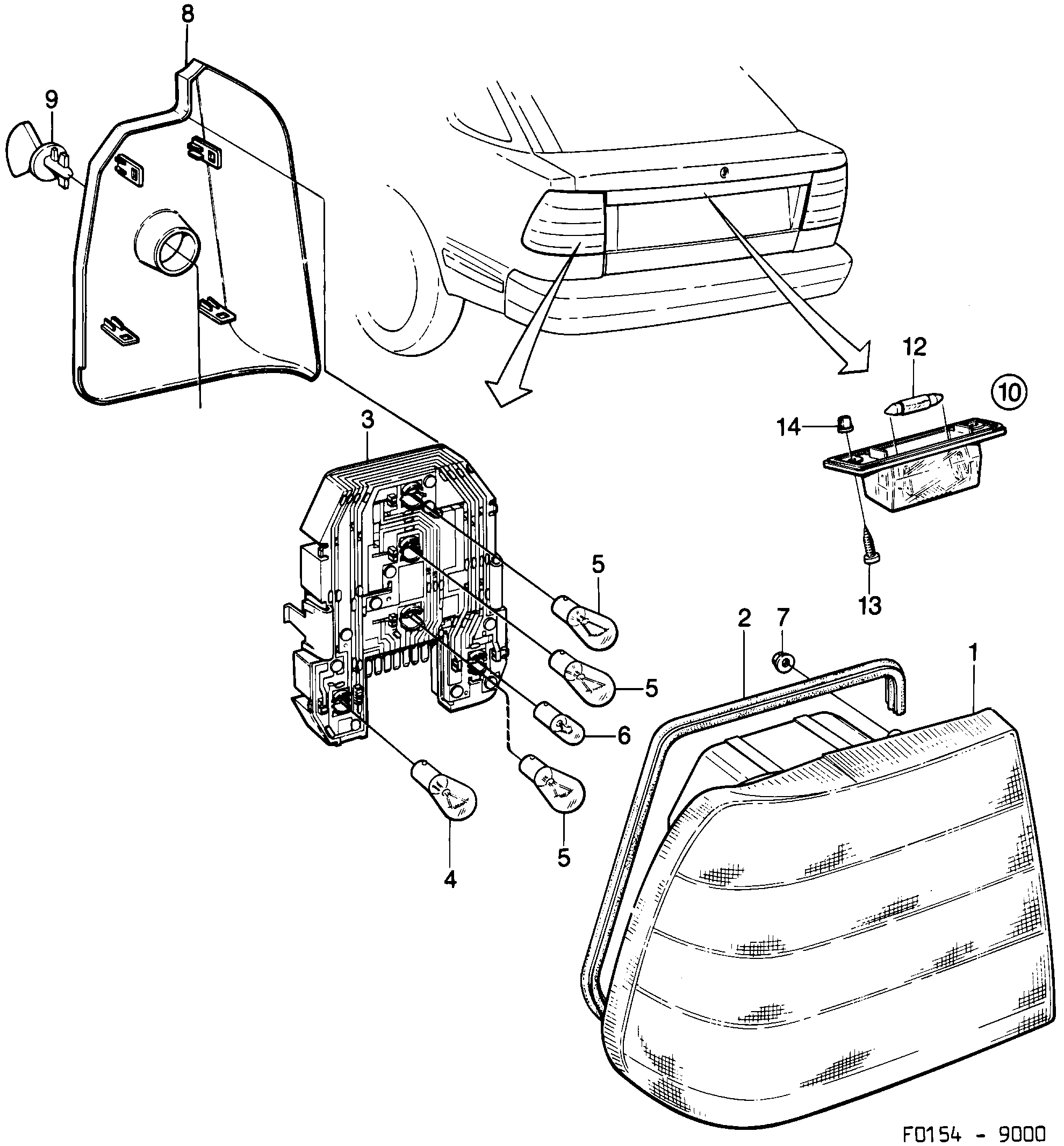 Schéma technique Saab 9000 1988 - Section 640 : Eclairage