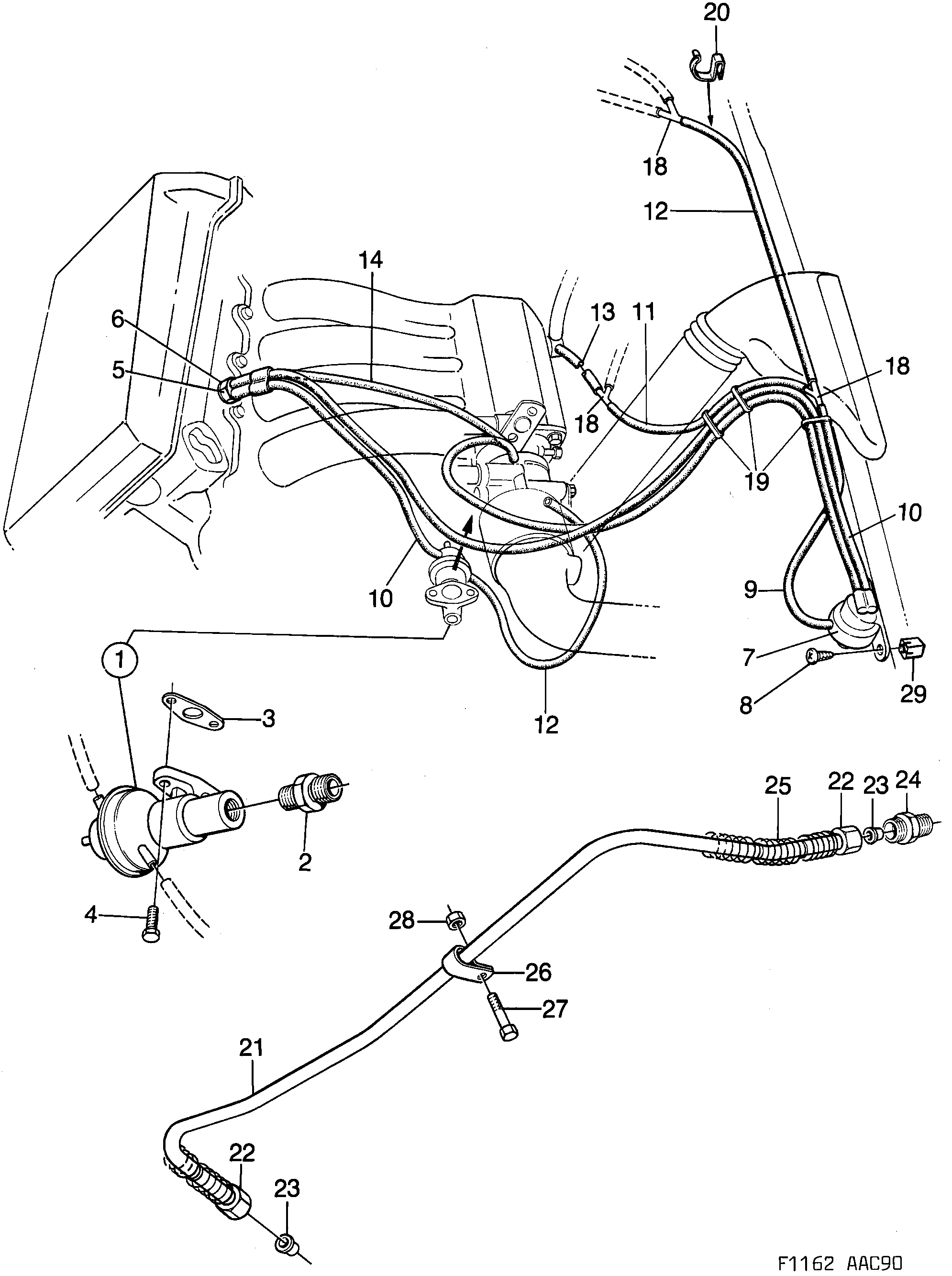 Schéma technique Saab 900 1990 - Section 1400 : Intake and exhaust system
