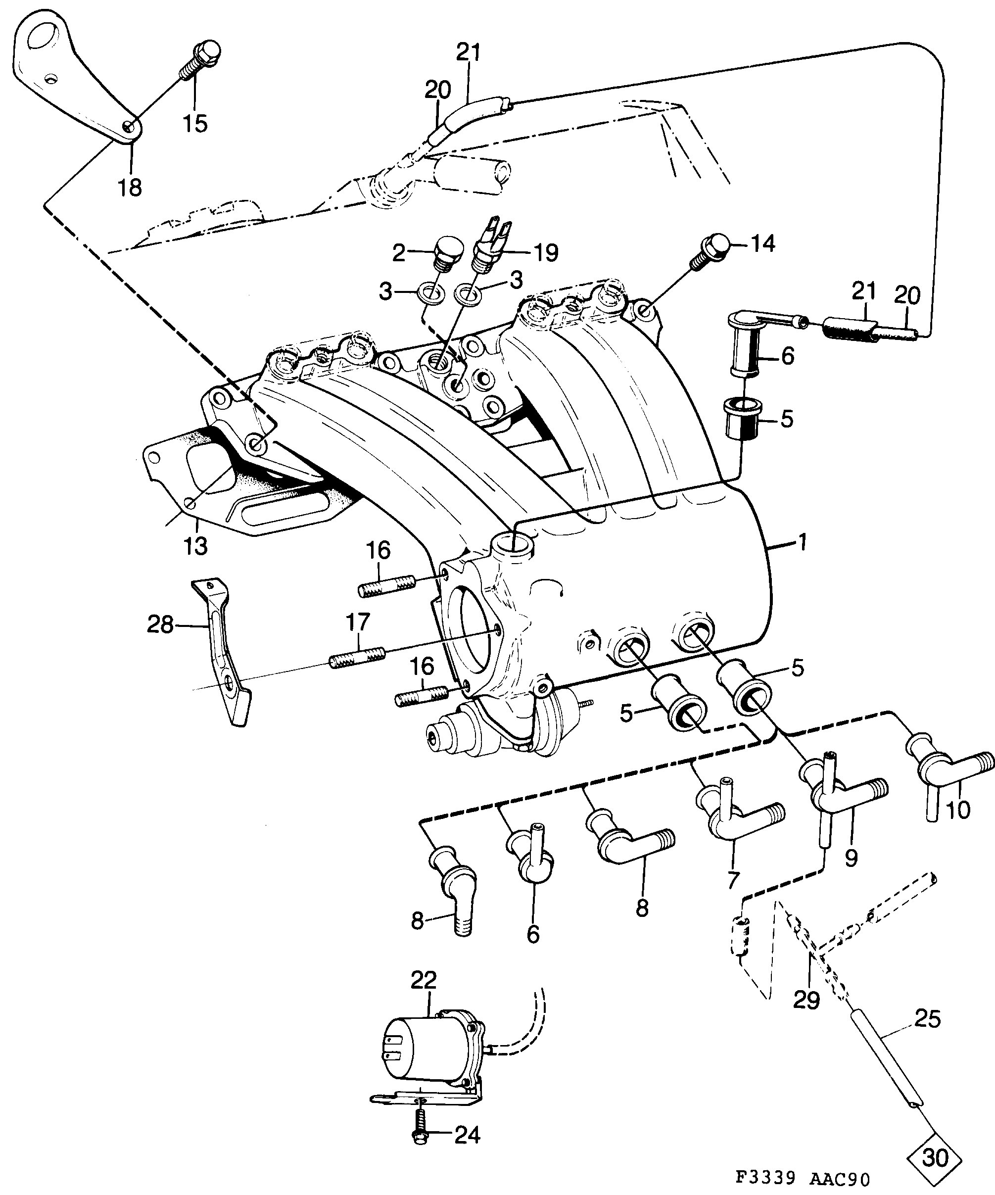 Schéma technique Saab 900 1990 - Section 1070 : Intake and exhaust system