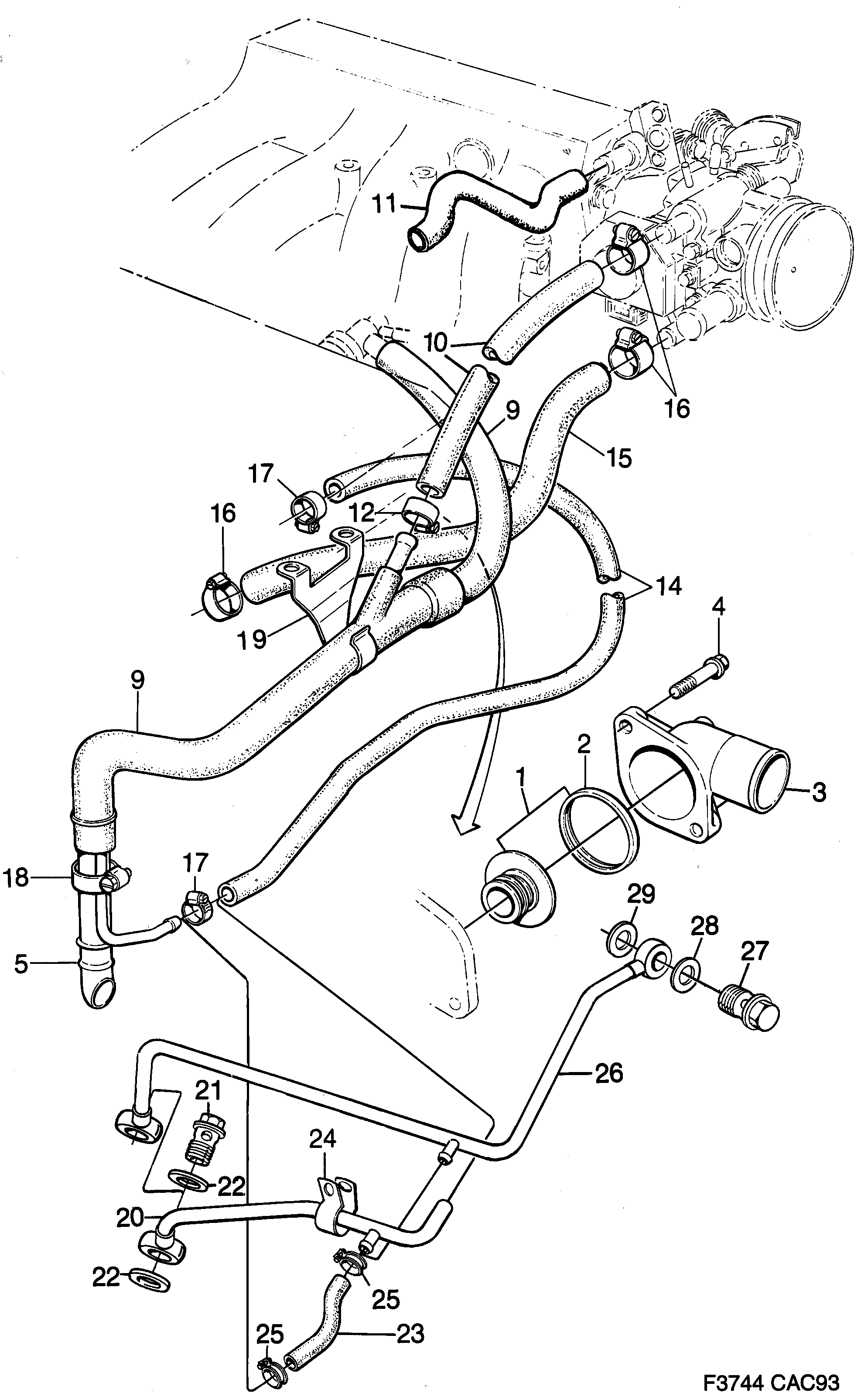 Schéma technique Saab 9000 1990 - Section 2060 : Système de refroidissement