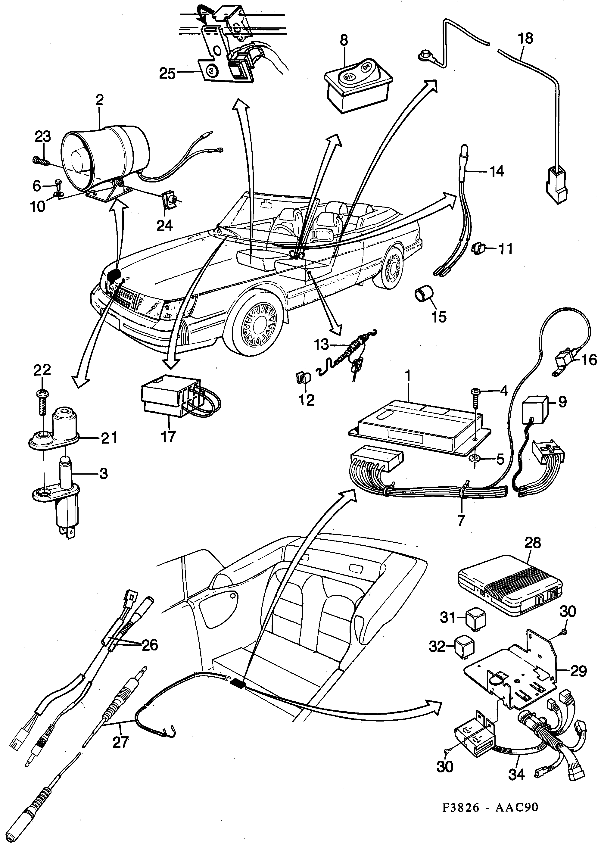 Schéma technique Saab 900 1991 - Section 890 : Autre équipement électrique