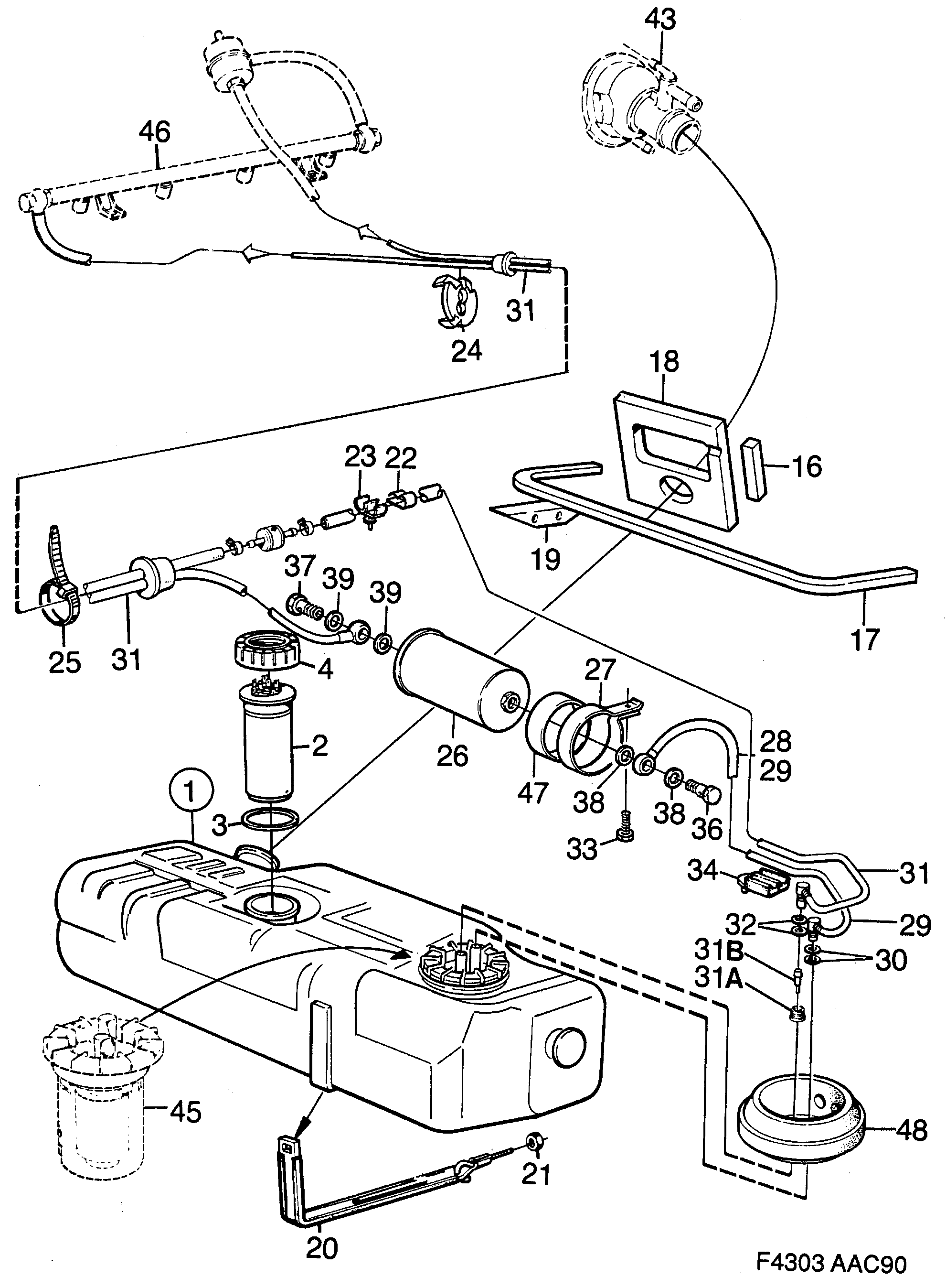 Schéma technique Saab 900 1990 - Section 830 : Fuel system