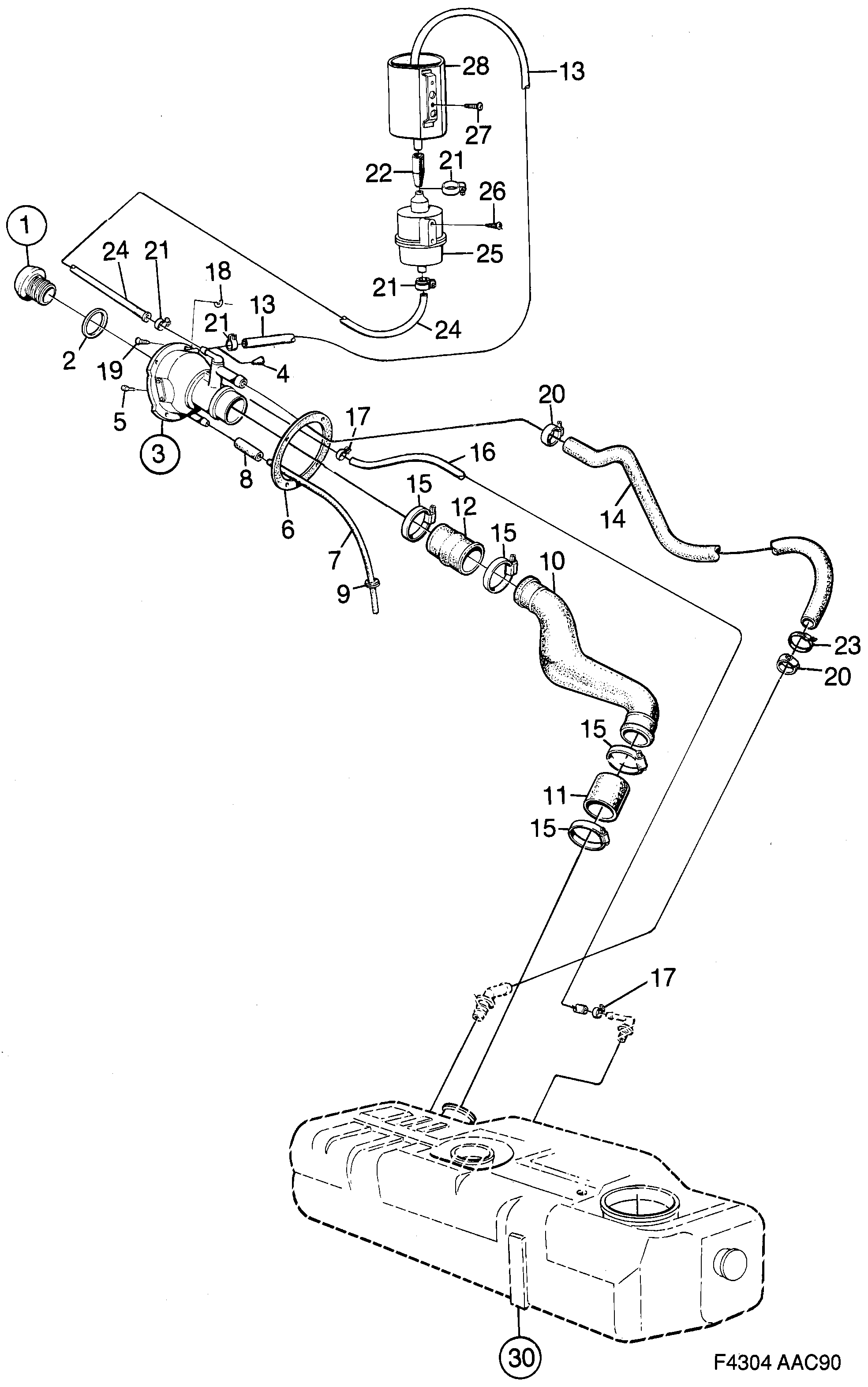 Schéma technique Saab 900 1990 - Section 740 : Fuel system