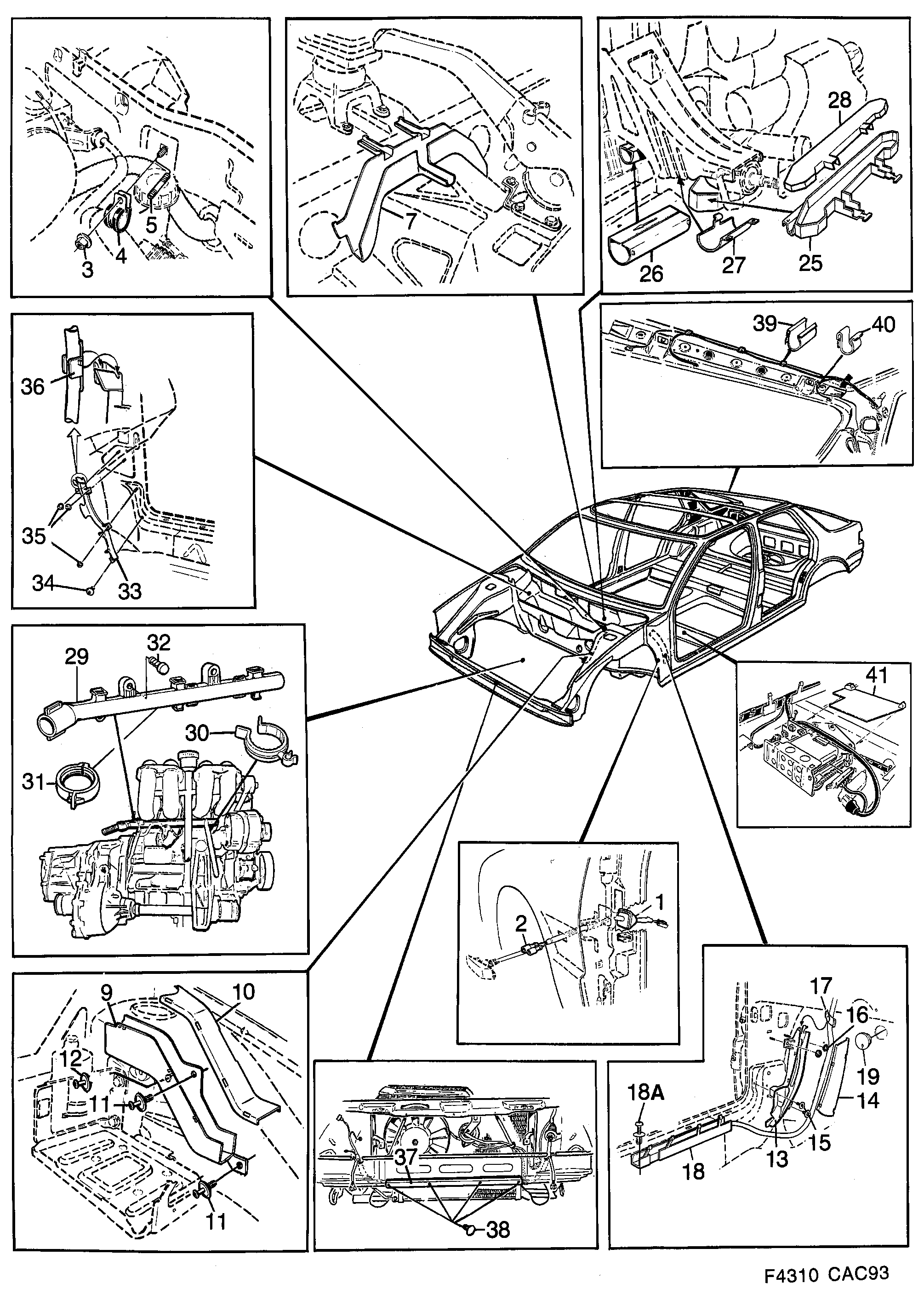 Schéma technique Saab 9000 1993 - Section 2150 : Conduites et fusibles