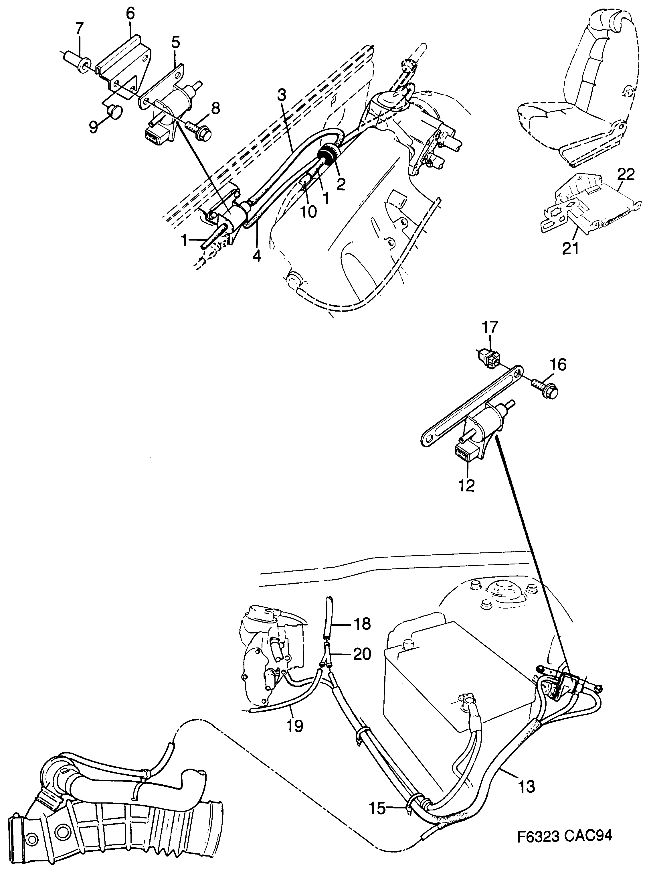 Schéma technique Saab 9000 1994 - Section 1380 : Système d'admission et d'échappement