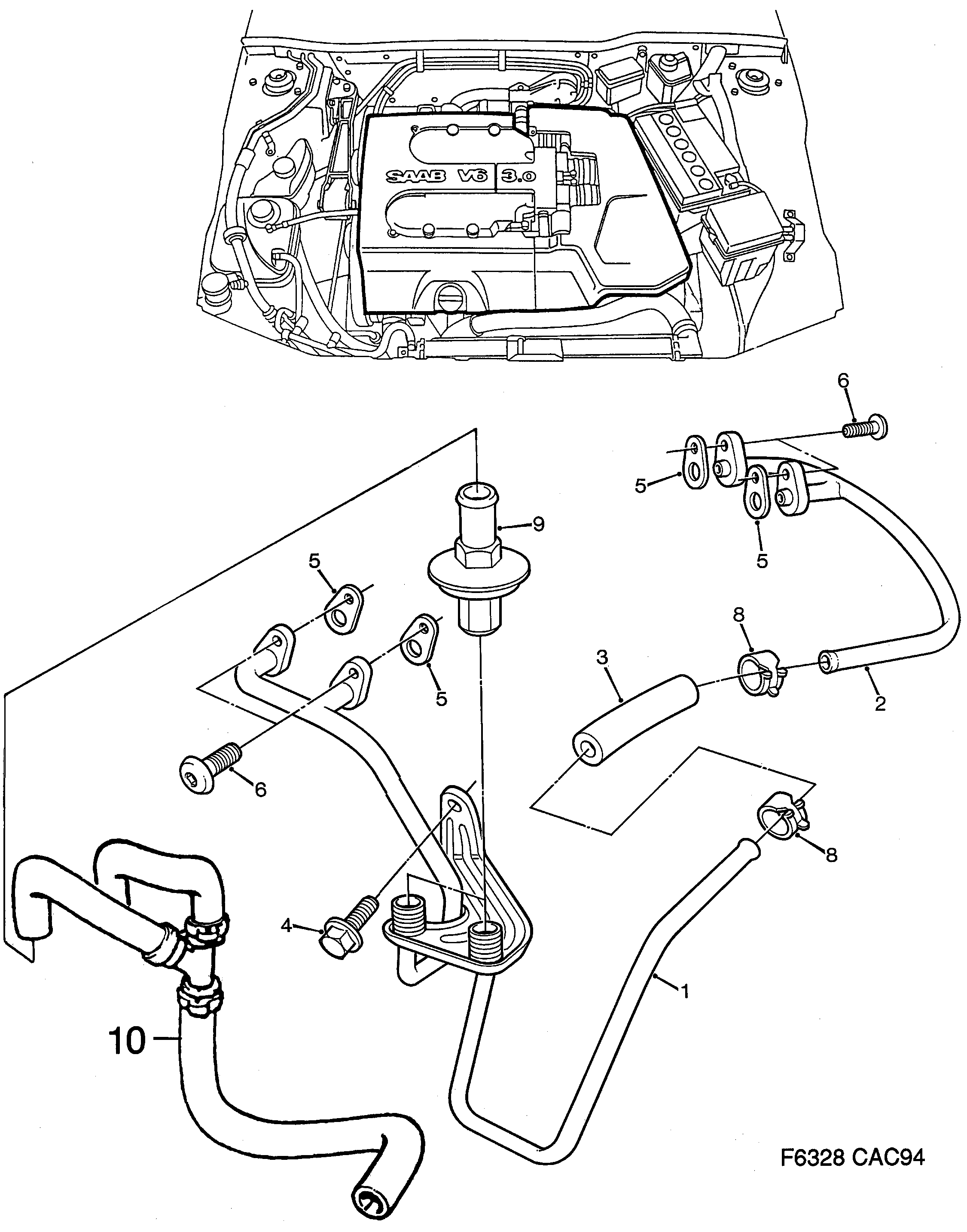 Schéma technique Saab 9000 1995 - Section 1560 : Впускная система и выхлопная система