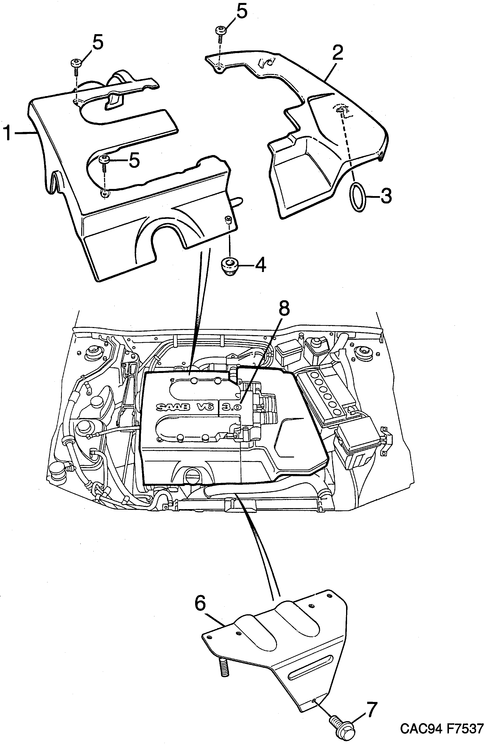 Schéma technique Saab 9000 1997 - Section 2310 : Engine bay cover