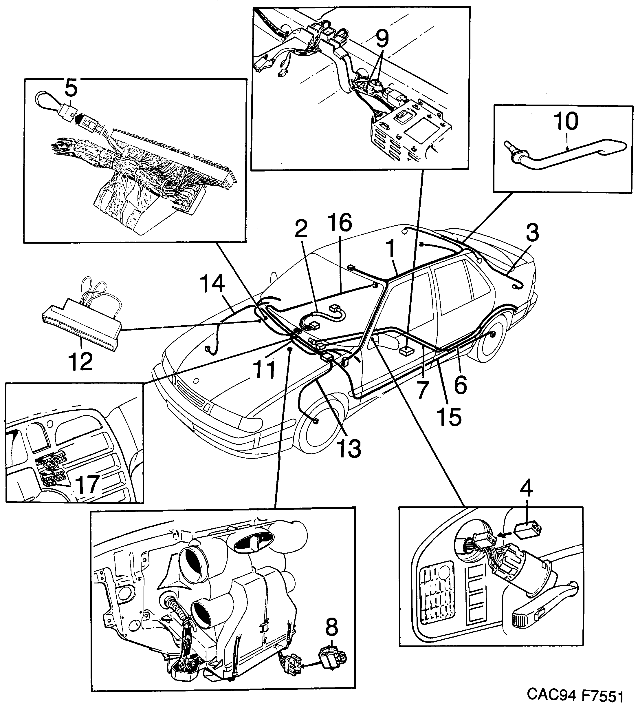 Schéma technique Saab 9000 1995 - Section 1620 : Conduites et fusibles