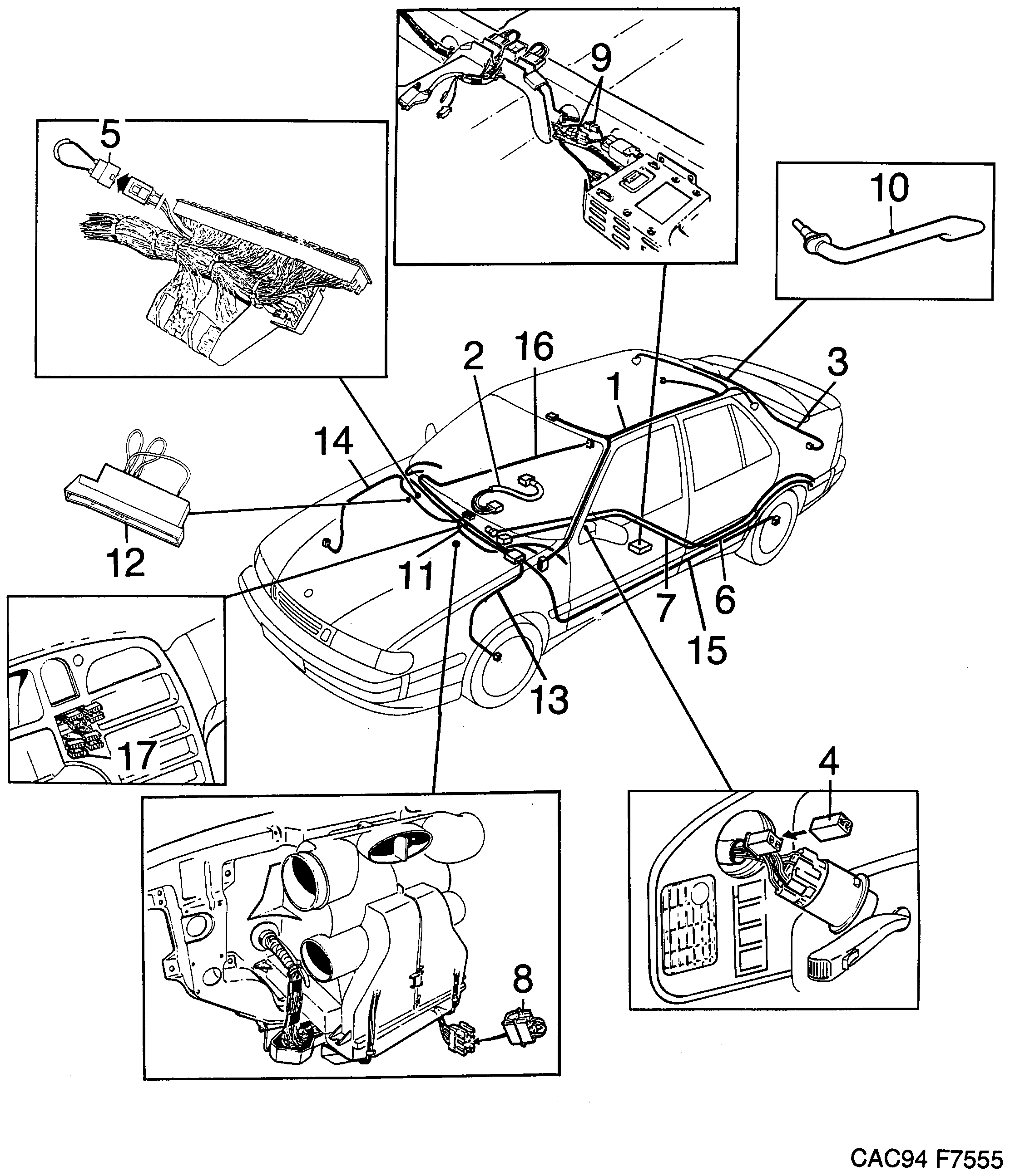 Schéma technique Saab 9000 1996 - Section 1740 : Conduites et fusibles