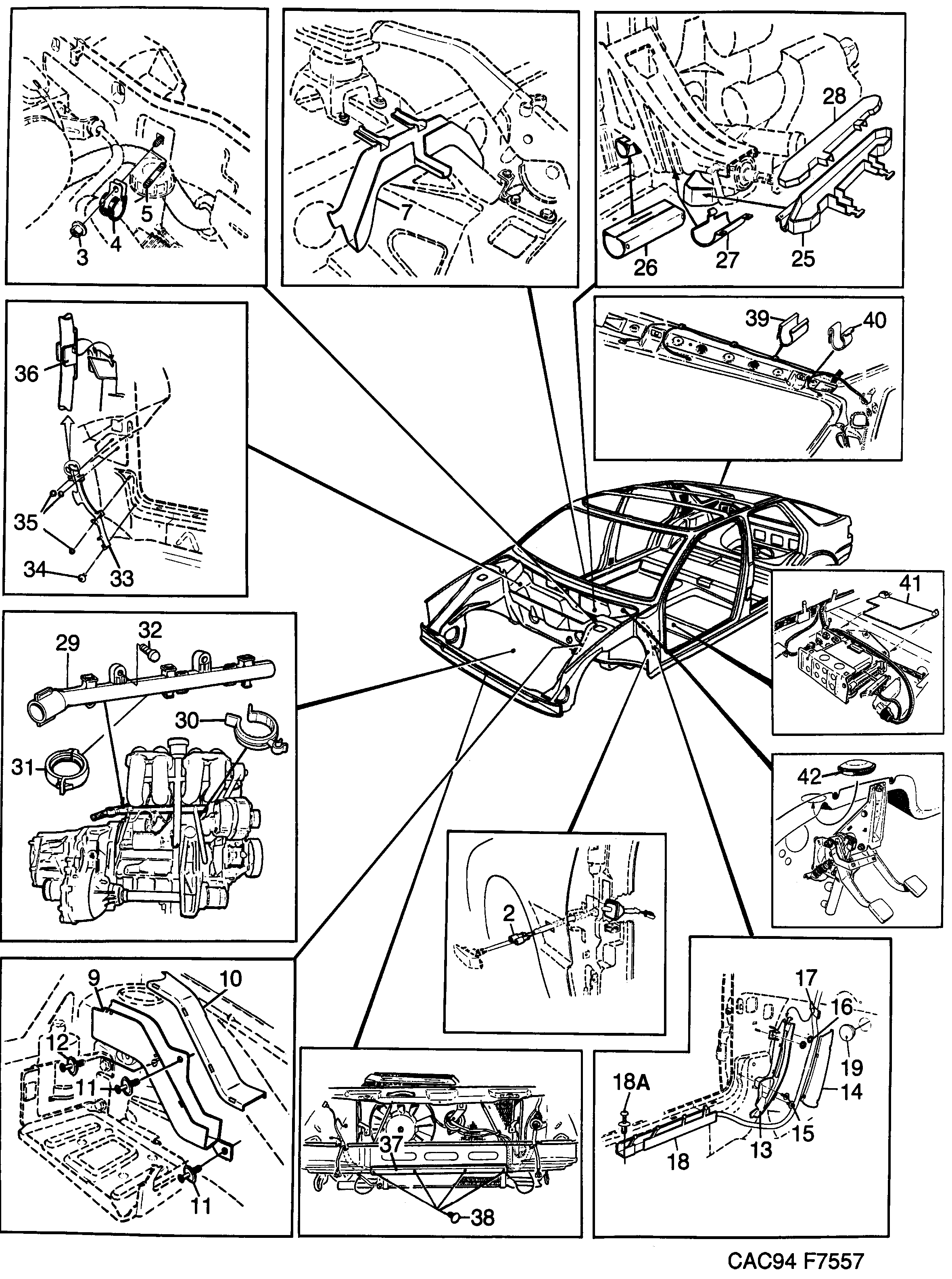Schéma technique Saab 9000 1994 - Section 2070 : Conduites et fusibles