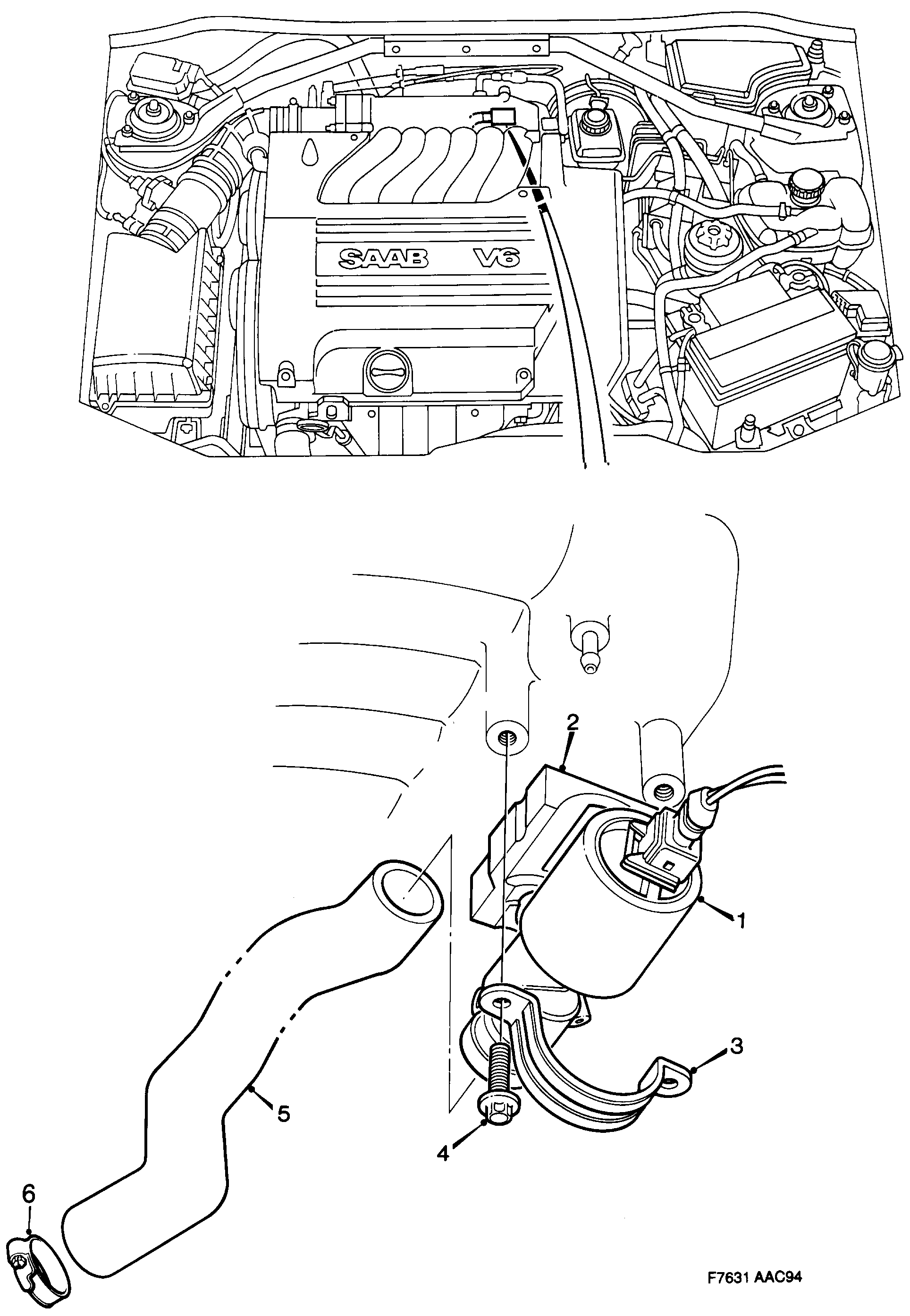 Schéma technique Saab 900 1996 - Section 1230 : Впускная система и выхлопная система