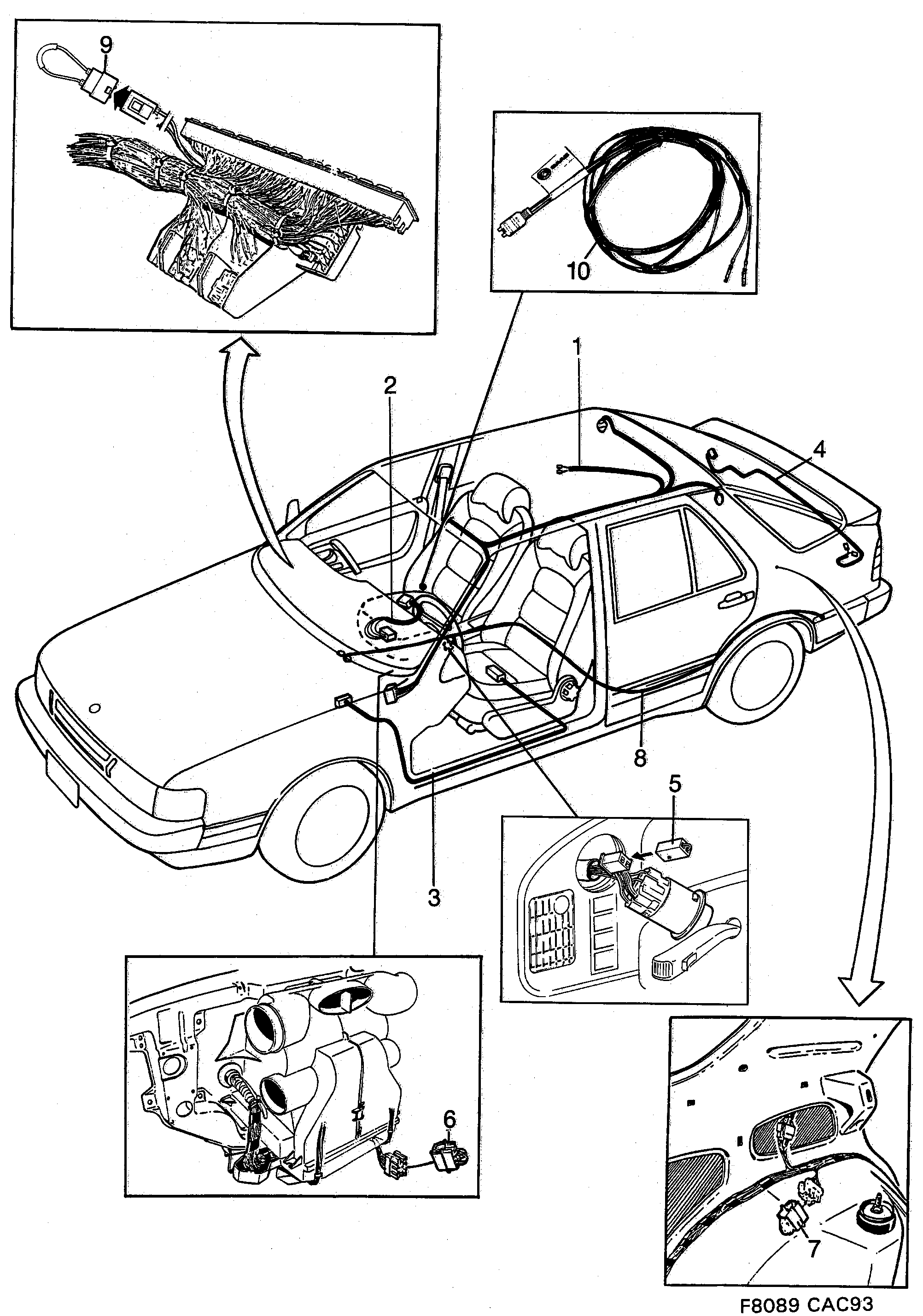 Schéma technique Saab 9000 1990 - Section 1610 : Conduites et fusibles