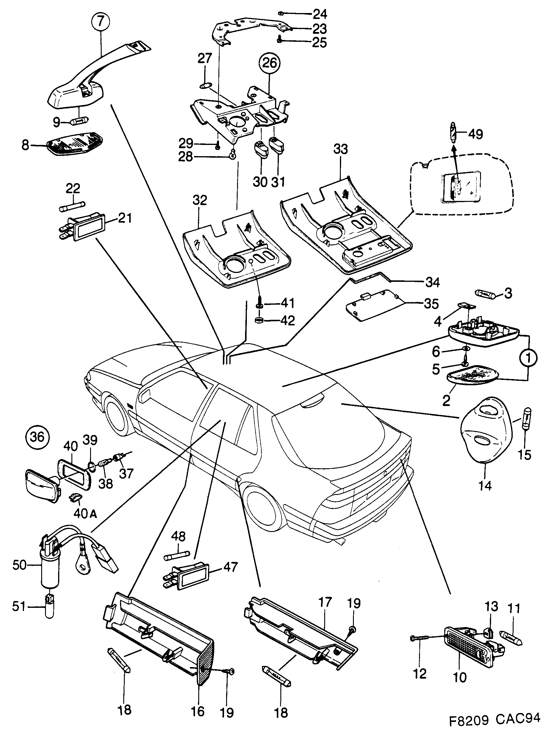 Schéma technique Saab 9000 1998 - Section 840 : Eclairage