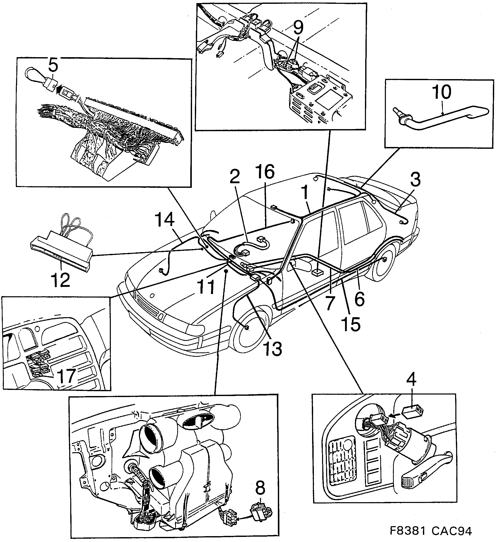 Schéma technique Saab 9000 1997 - Section 1860 : Conduites et fusibles