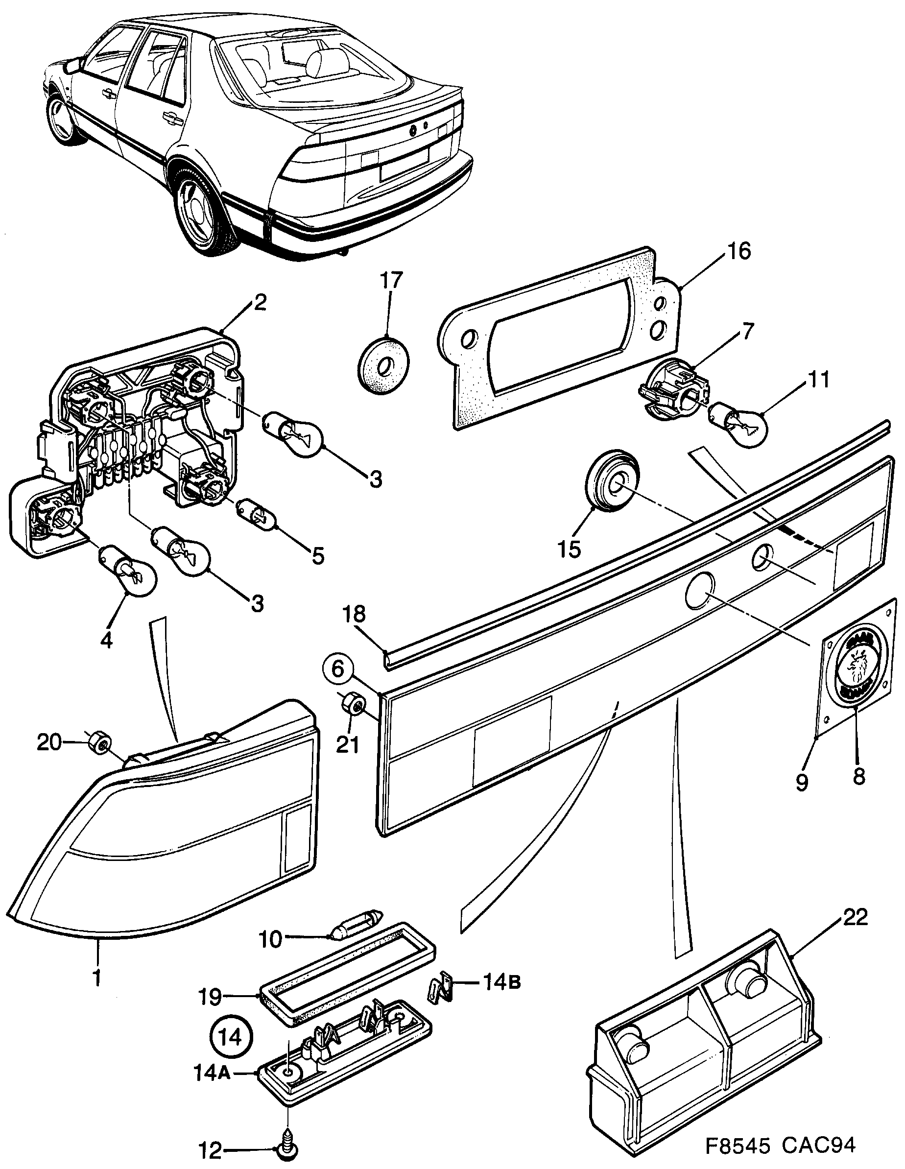 Schéma technique Saab 9000 1994 - Section 780 : Eclairage