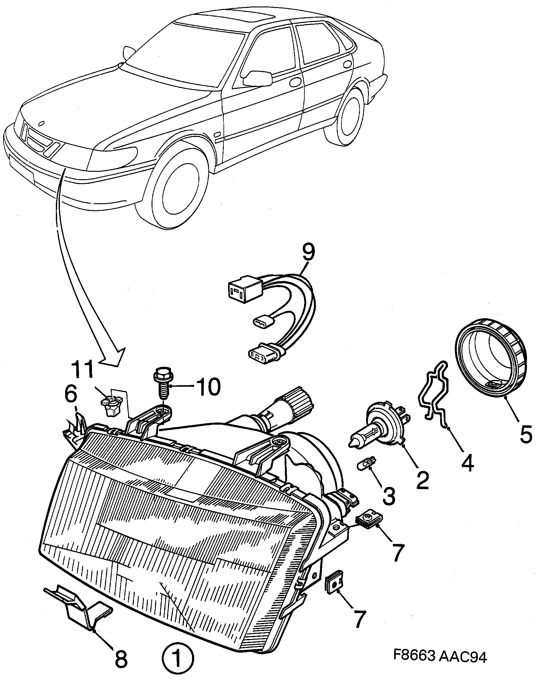 Schéma technique Saab 900 1996 - Section 480 : Eclairage