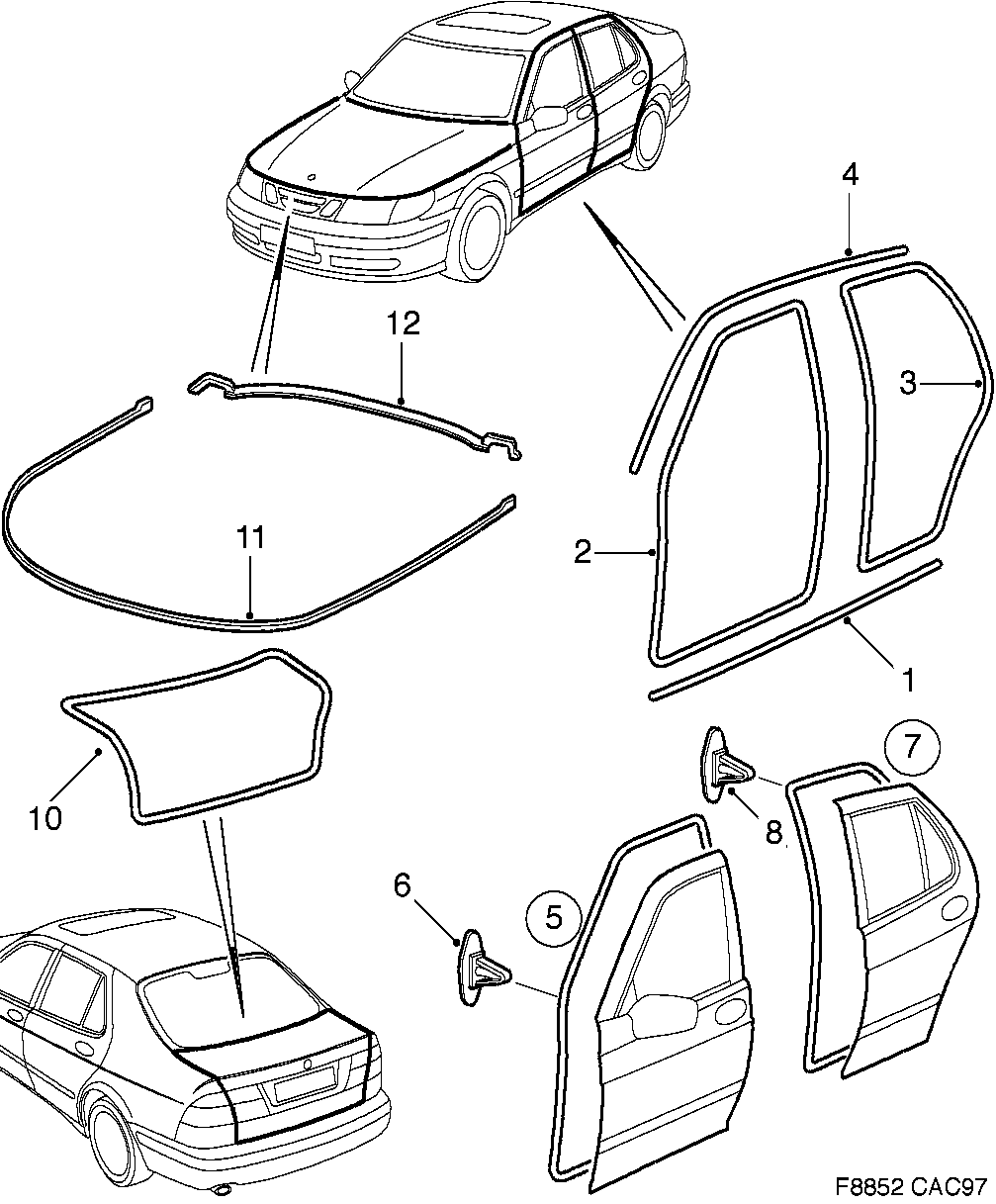 Schéma technique Saab 9-5 (9600) 1999 - Section 910 : Внешние детали
