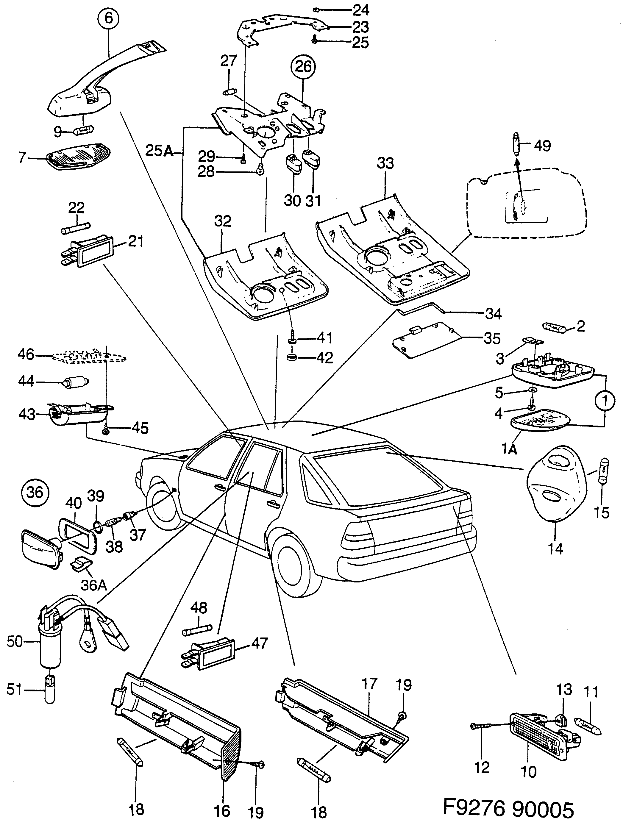 Schéma technique Saab 9000 1985 - Section 730 : Eclairage