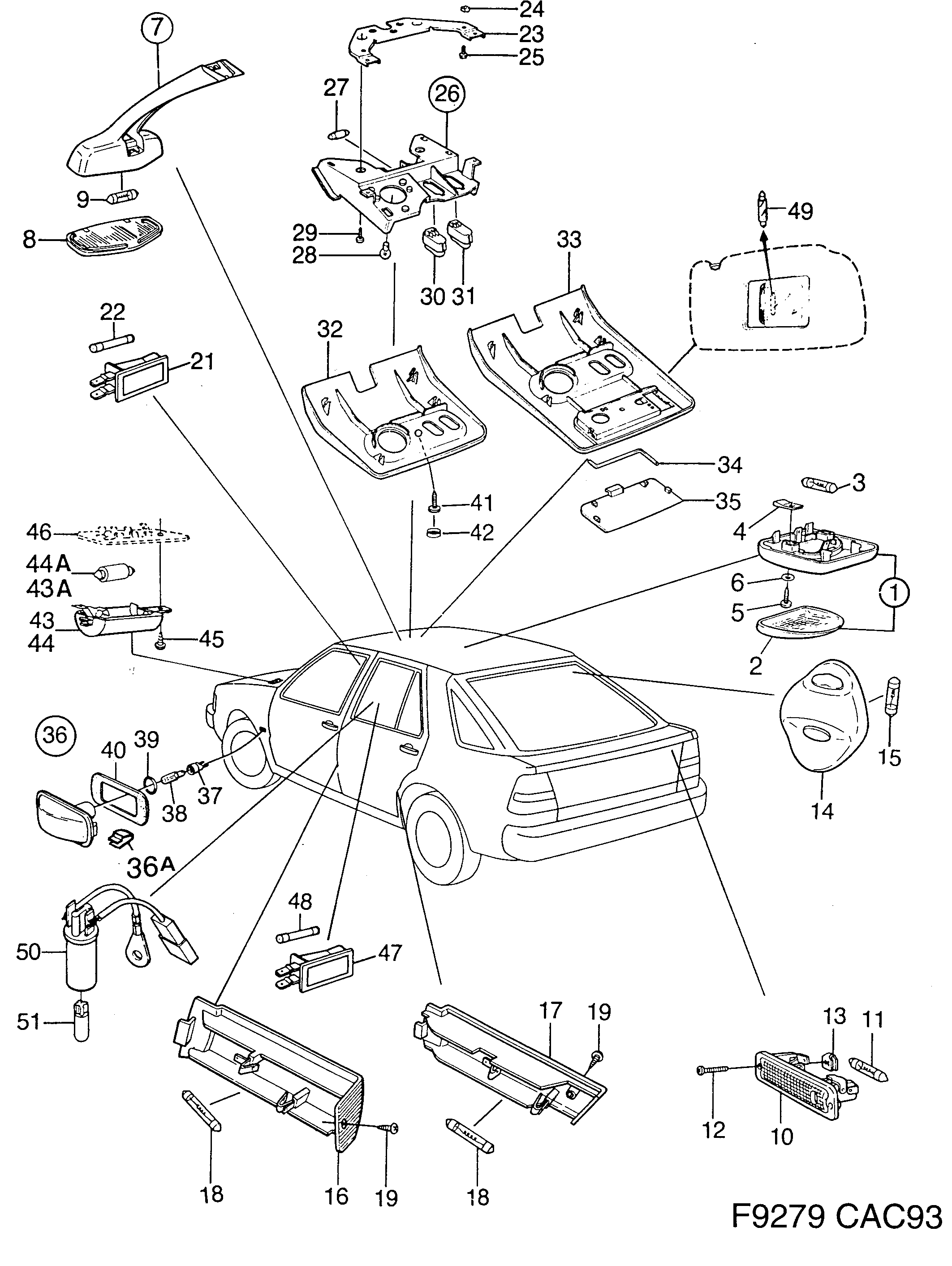 Schéma technique Saab 9000 1993 - Section 920 : Eclairage