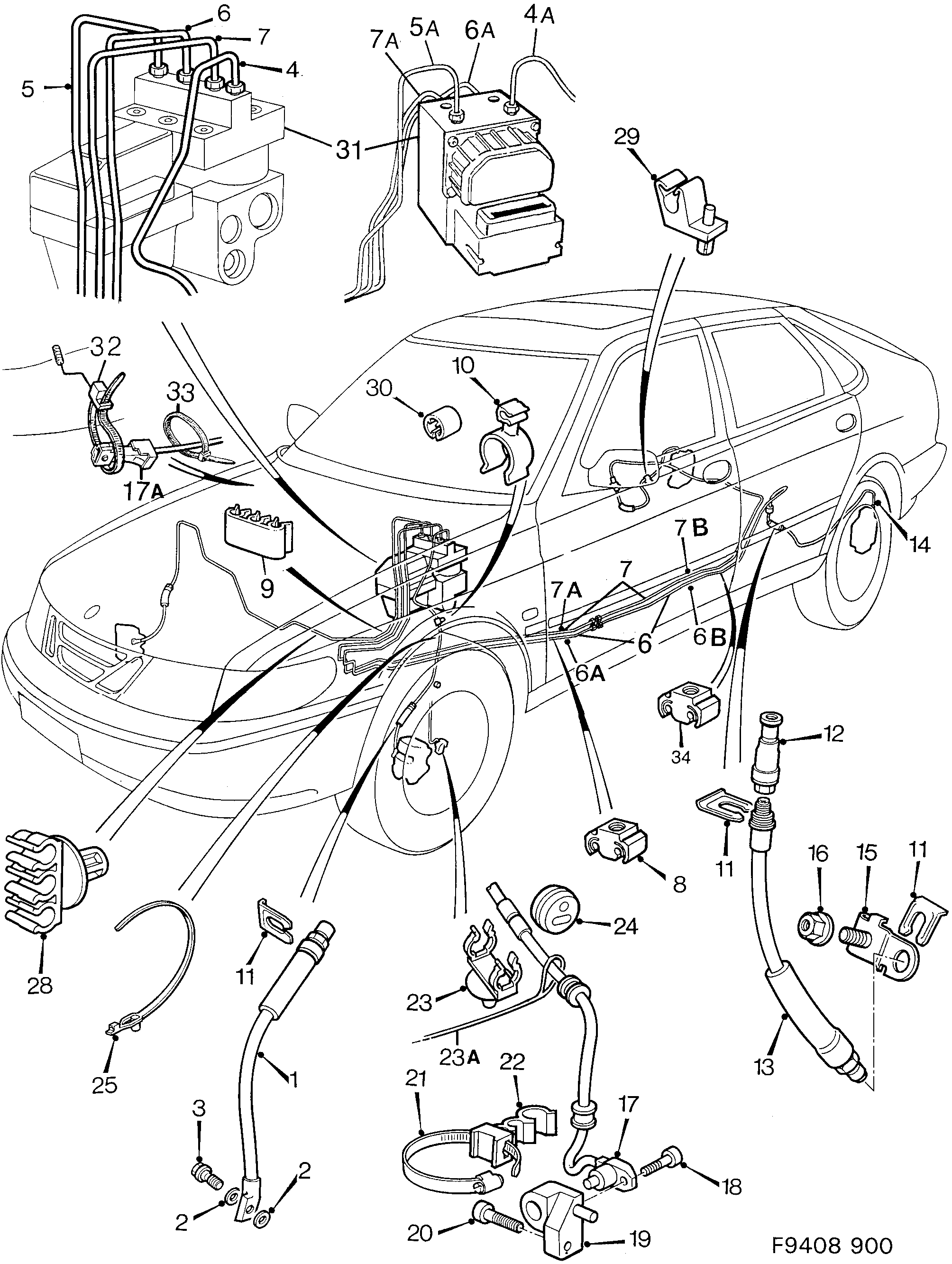 Schéma technique Saab 900 1998 - Section 240 : Circuit de frein au pied
