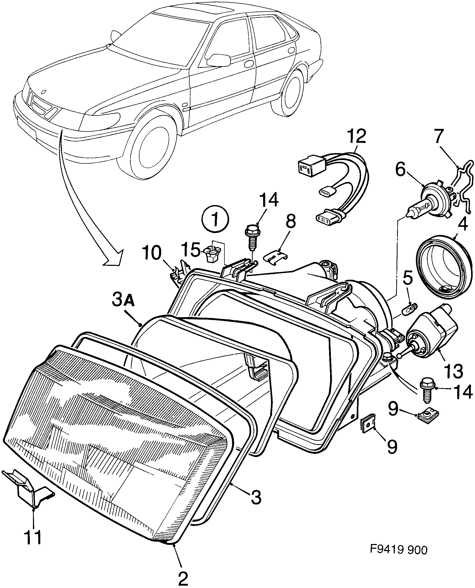 Schéma technique Saab 900 1996 - Section 450 : Eclairage