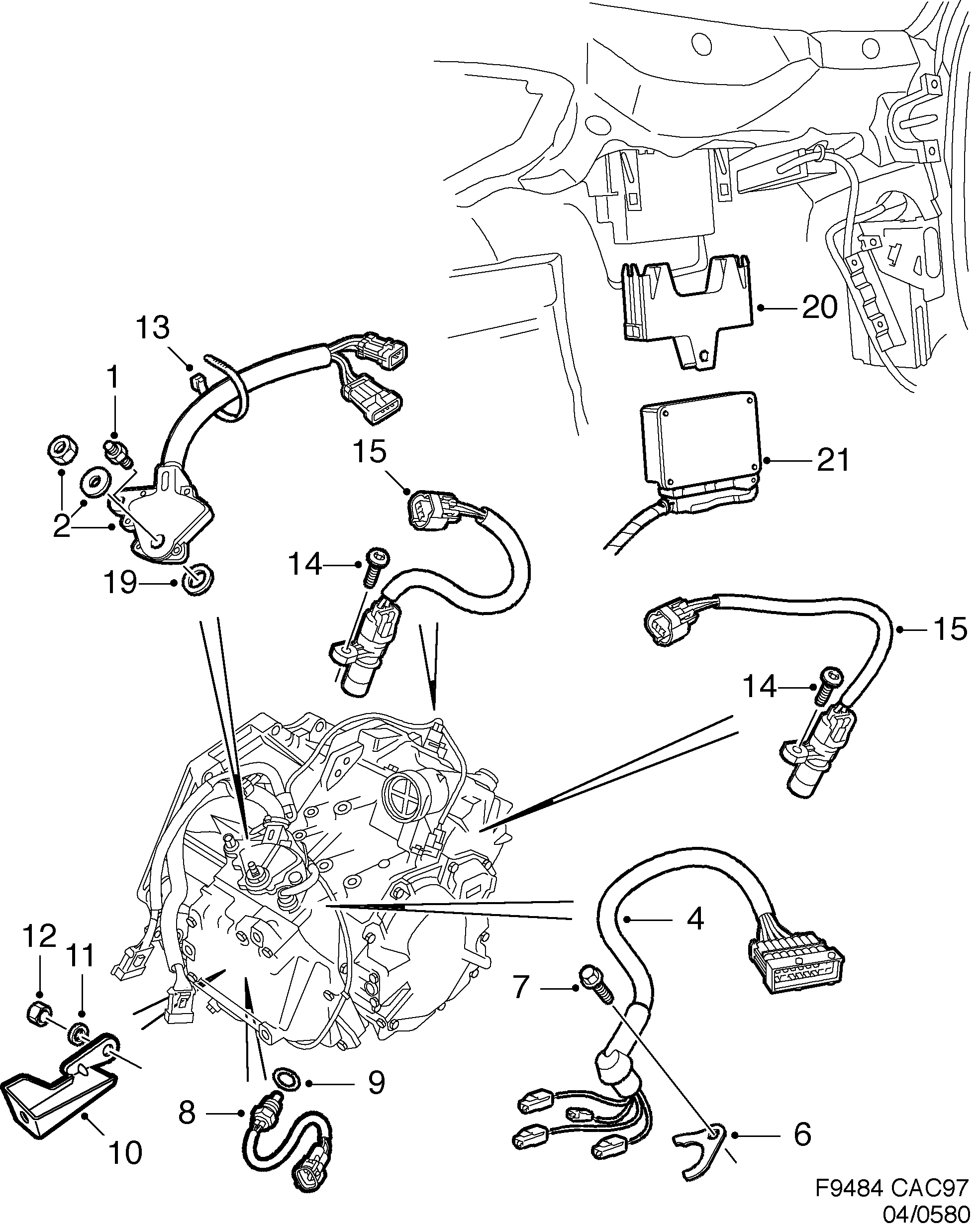 Schéma technique Saab 9-5 (9600) 2000 - Section 580 : Boîte de vitesses, automatique