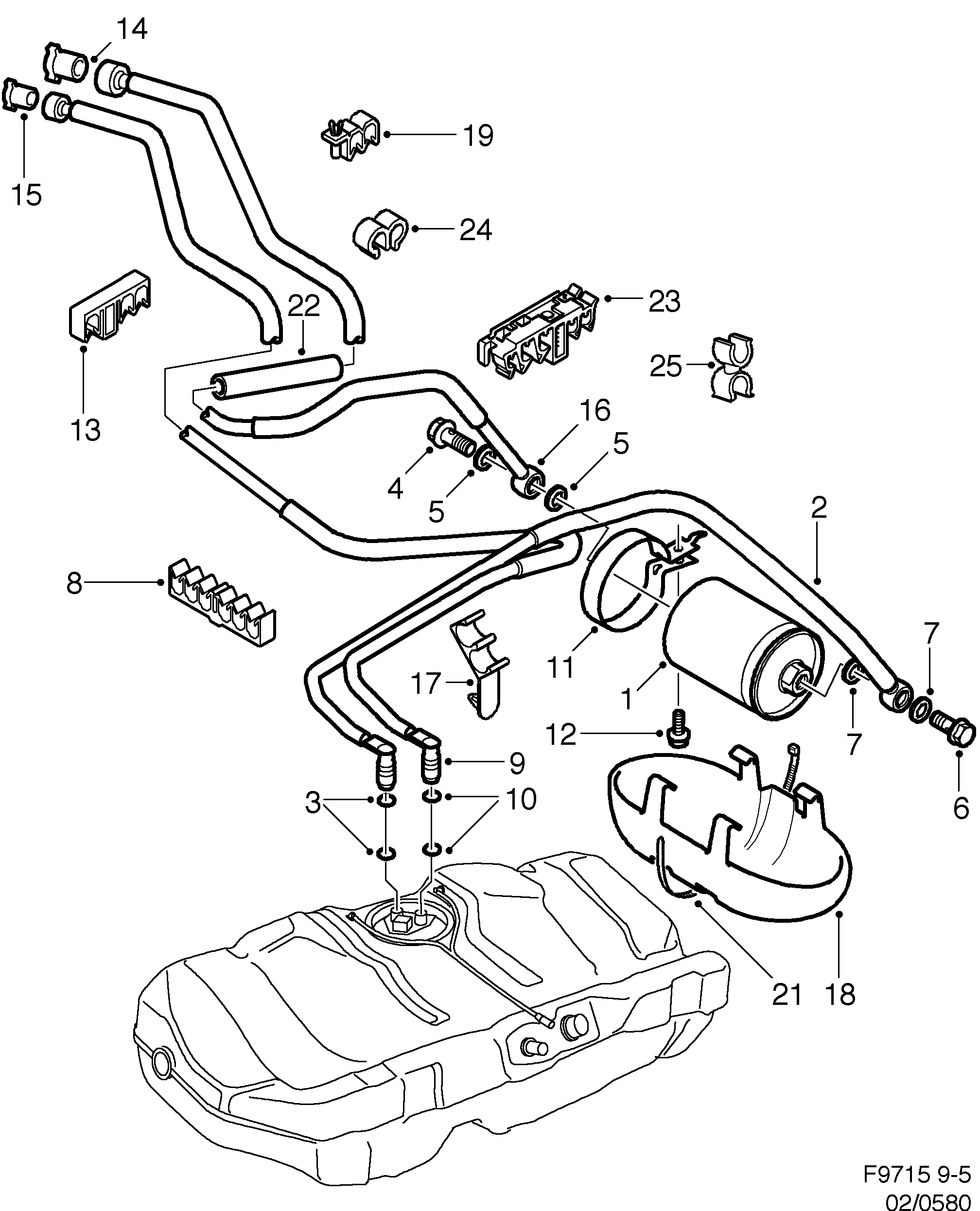 Schéma technique Saab 9-5 (9600) 2003 - Section 580 : Топливная система