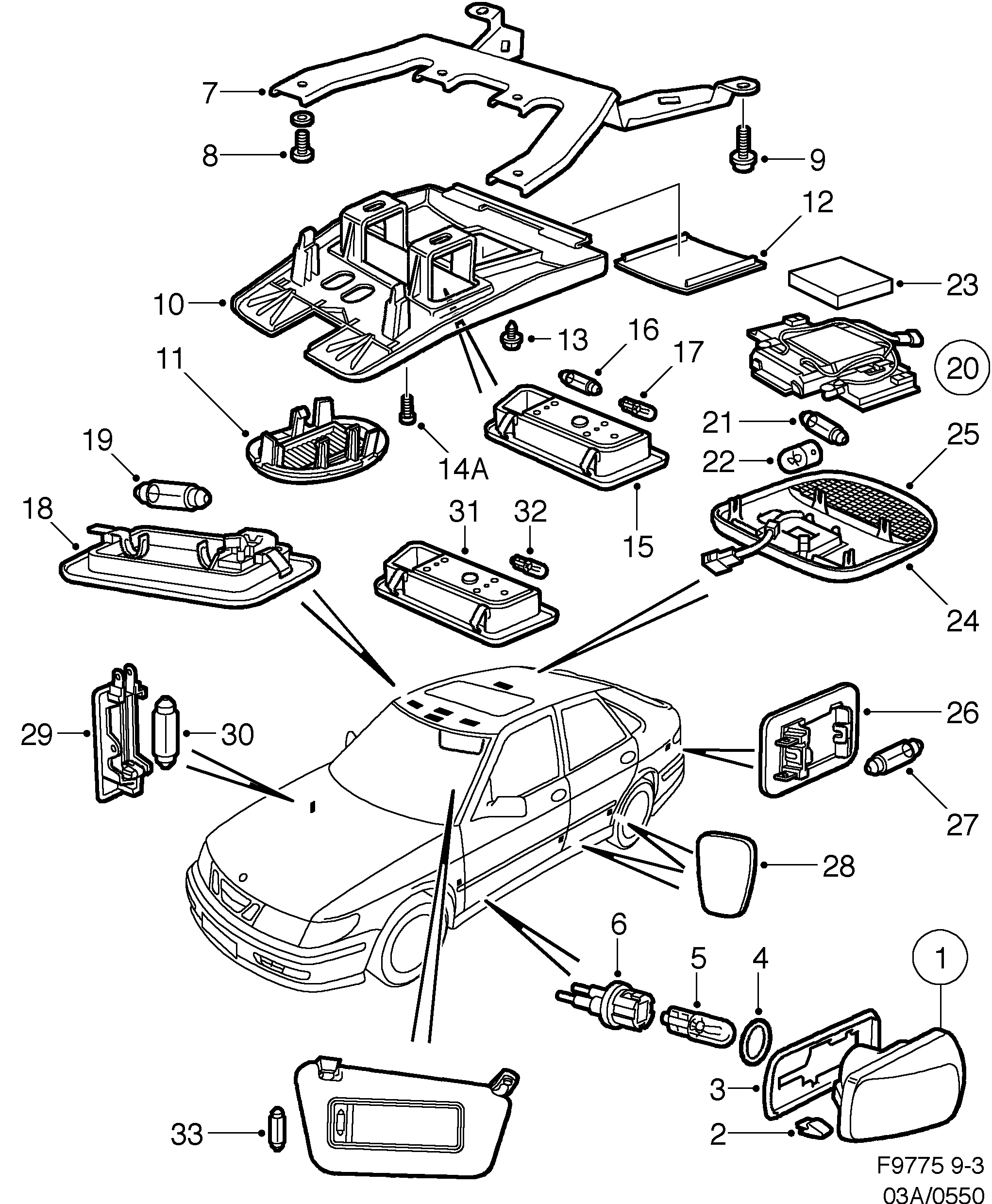 Schéma technique Saab 9-3 (9400) 2000 - Section 550 : Eclairage
