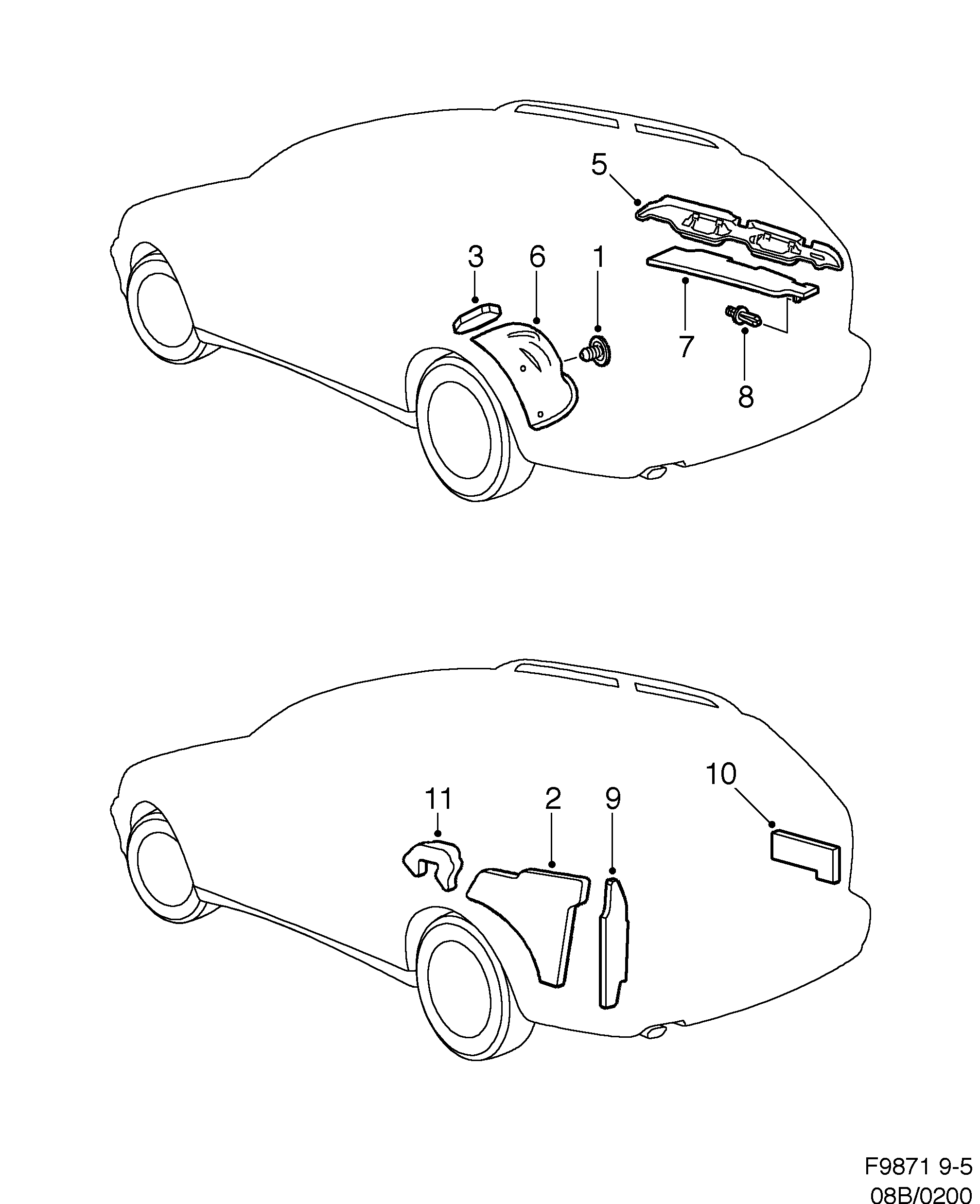 Schéma technique Saab 9-5 (9600) 2007 - Section 200 : Garnitures