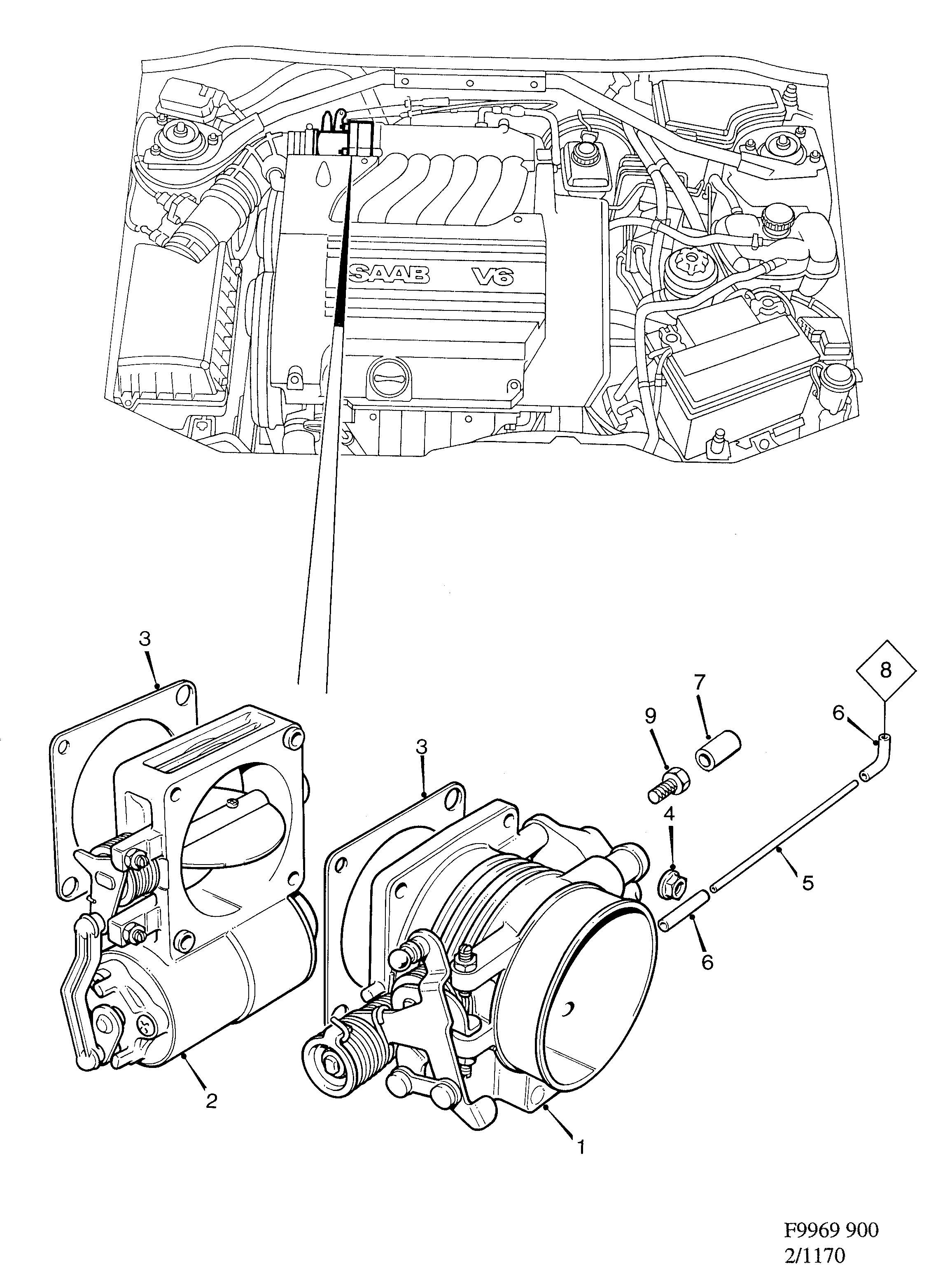 Schéma technique Saab 900 1997 - Section 1170 : Intake and exhaust system