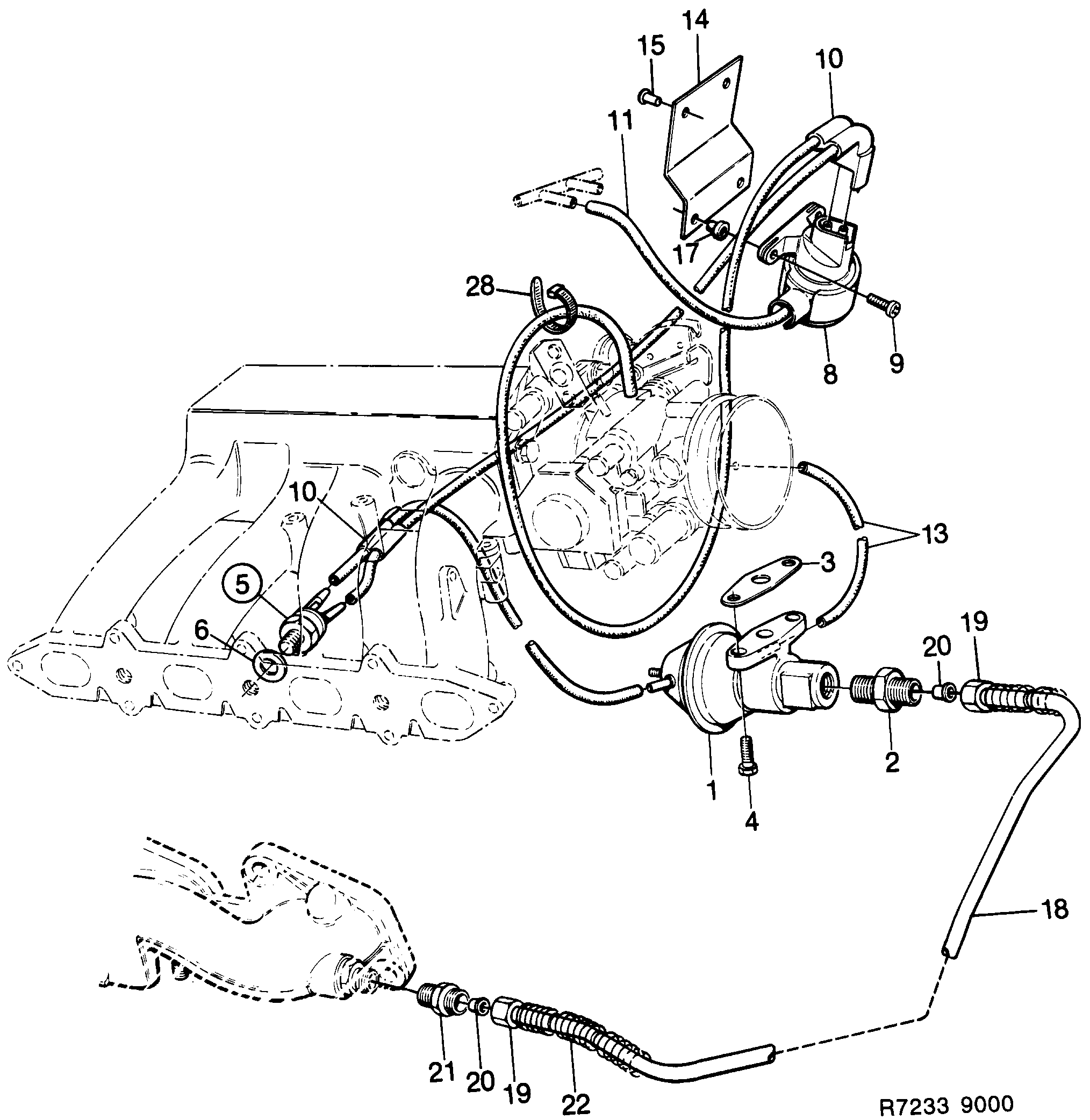 Schéma technique Saab 9000 1985 - Section 1000 : Intake and exhaust system