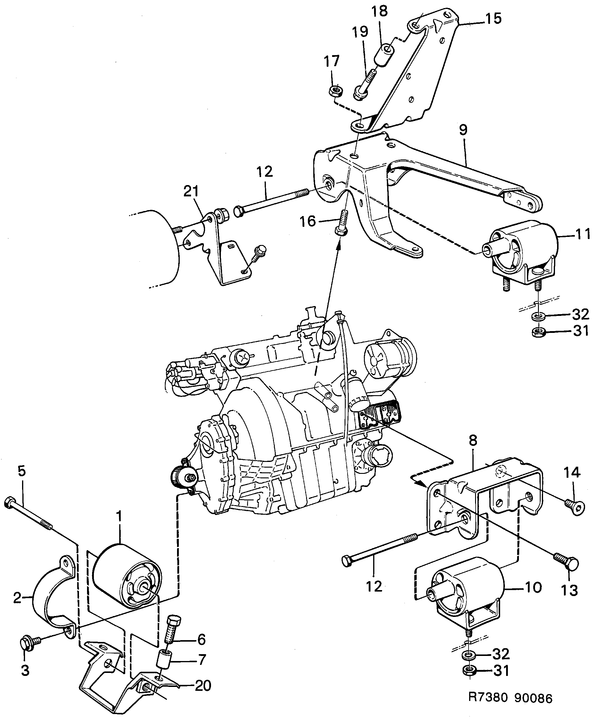 Schéma technique Saab 900 1986 - Section 100 : Корпус двигателя